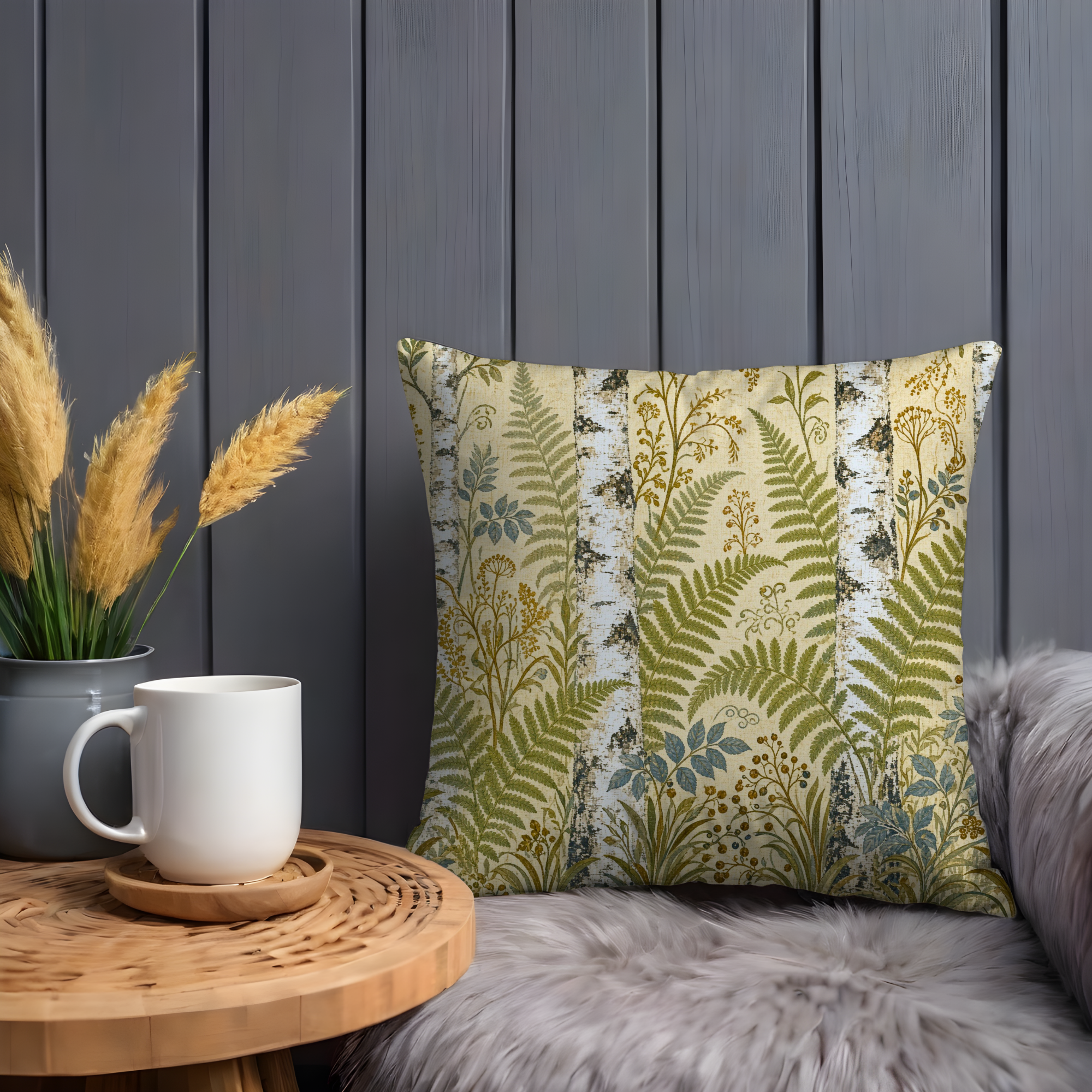 Fern Birch Bark Botanical Pattern Pillow Cover | Classic Nature Art | Soft Woodland Decor
