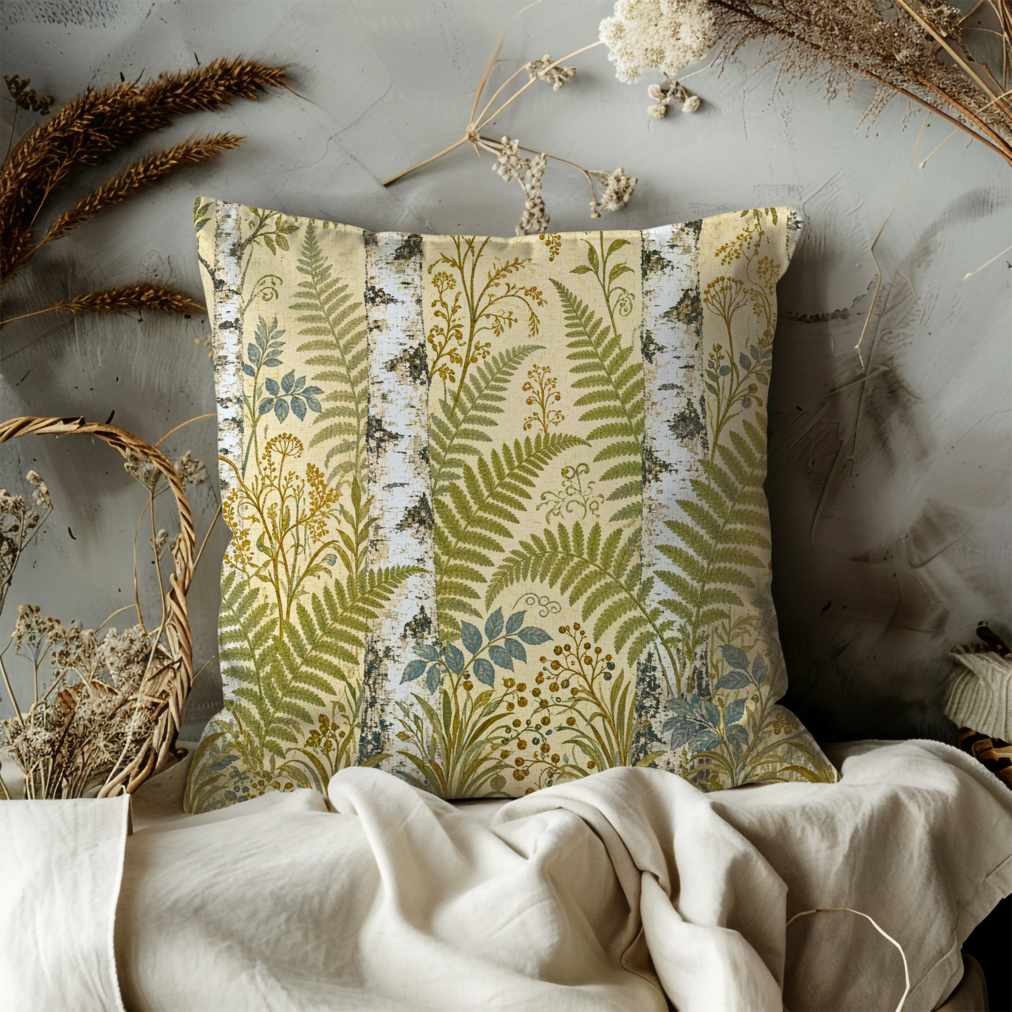 Fern Birch Bark Botanical Pattern Pillow Cover | Classic Nature Art | Soft Woodland Decor
