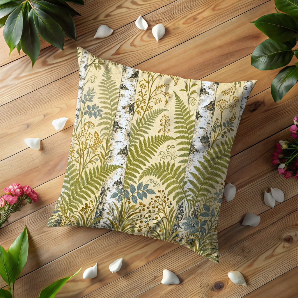 Fern Birch Bark Botanical Pattern Pillow Cover | Classic Nature Art | Soft Woodland Decor