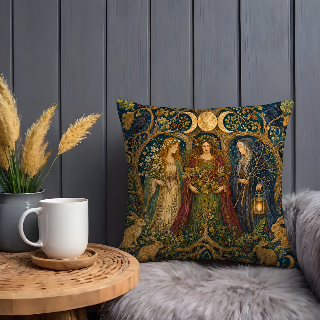 Triple Goddess Maiden Mother Crone Moon Pillow Cover | Pagan Sacred Feminine Art | Celtic Ritual Decor