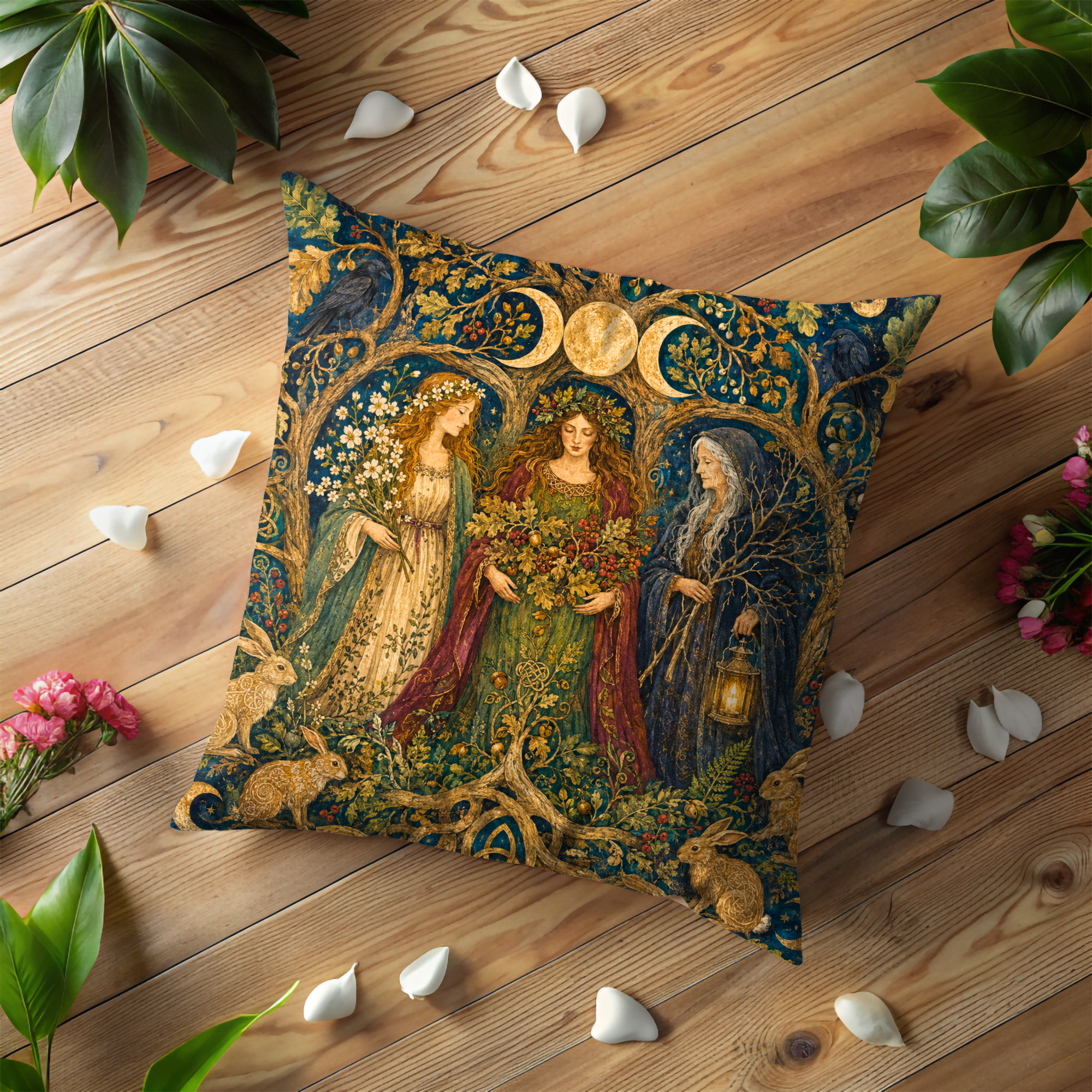 Triple Goddess Maiden Mother Crone Moon Pillow Cover | Pagan Sacred Feminine Art | Celtic Ritual Decor