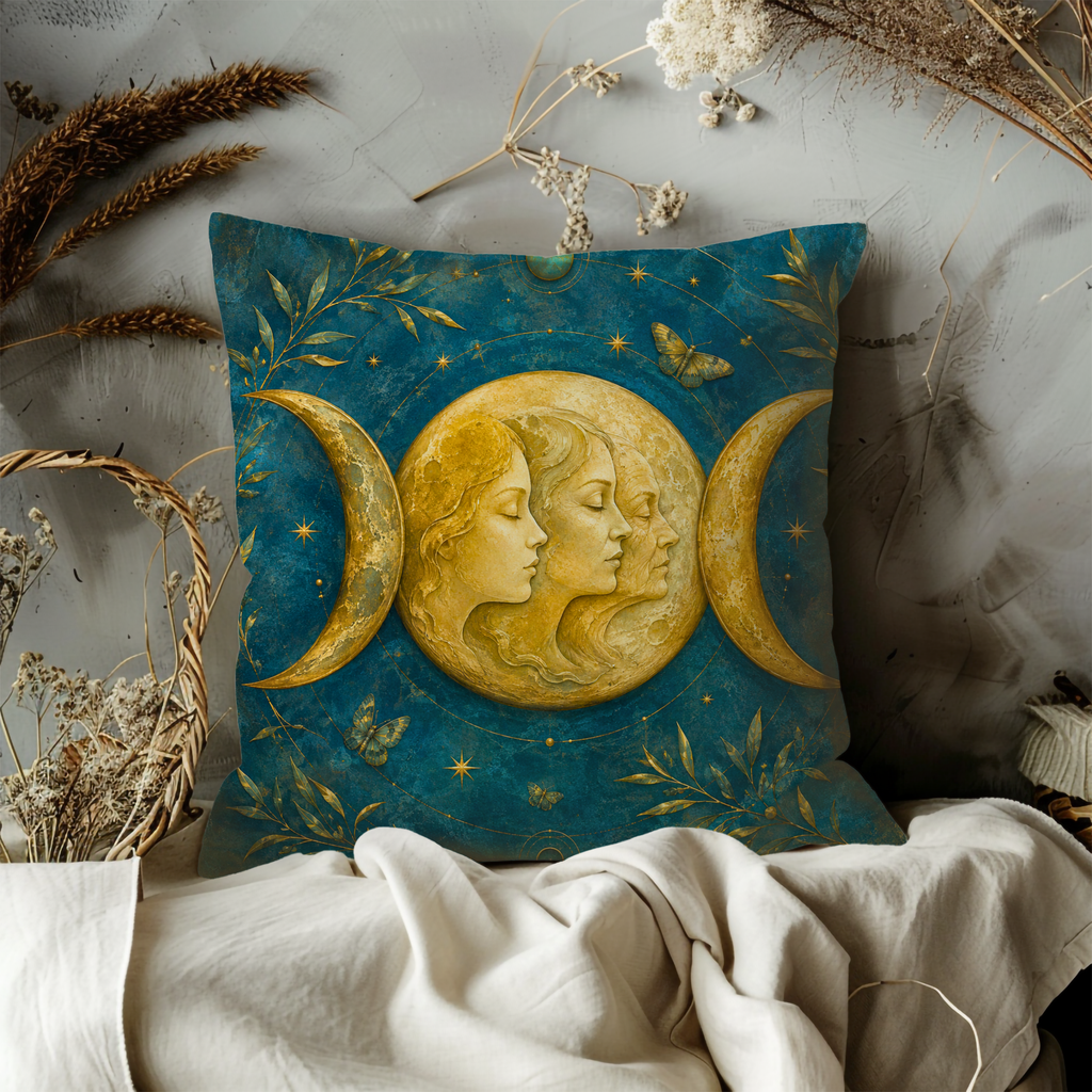 Triple Goddess Moon Faces Crescent Pillow Cover | Pagan Sacred Feminine Art | Lunar Cycle Decor
