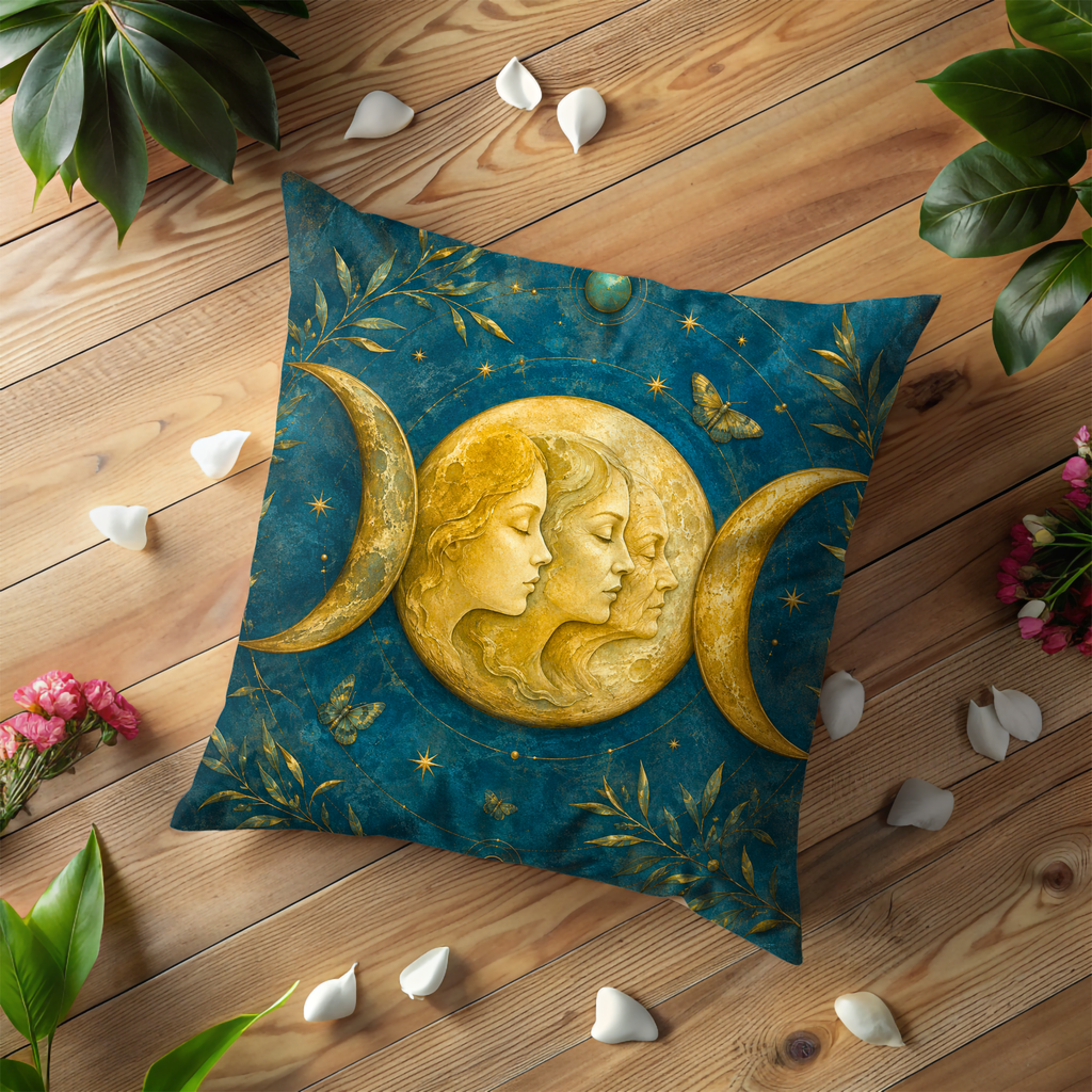 Triple Goddess Moon Faces Crescent Pillow Cover | Pagan Sacred Feminine Art | Lunar Cycle Decor