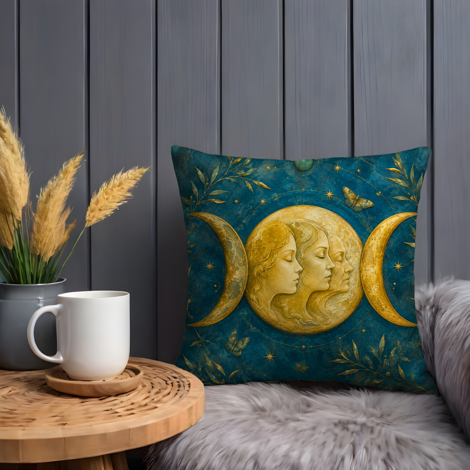 Triple Goddess Moon Faces Crescent Pillow Cover | Pagan Sacred Feminine Art | Lunar Cycle Decor