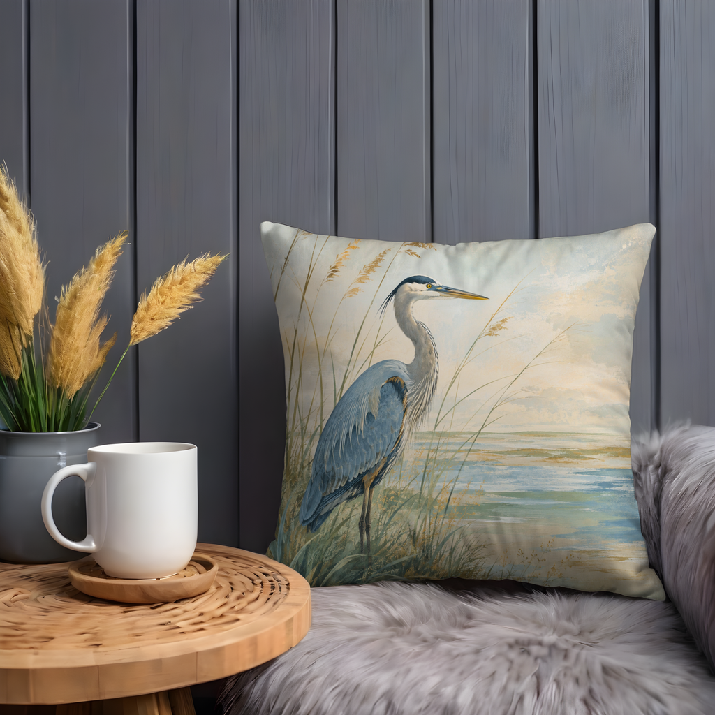 Blue Heron Coastal Grasses Soft Horizon Pillow Cover | Classic Wildlife Art | Serene Water Decor