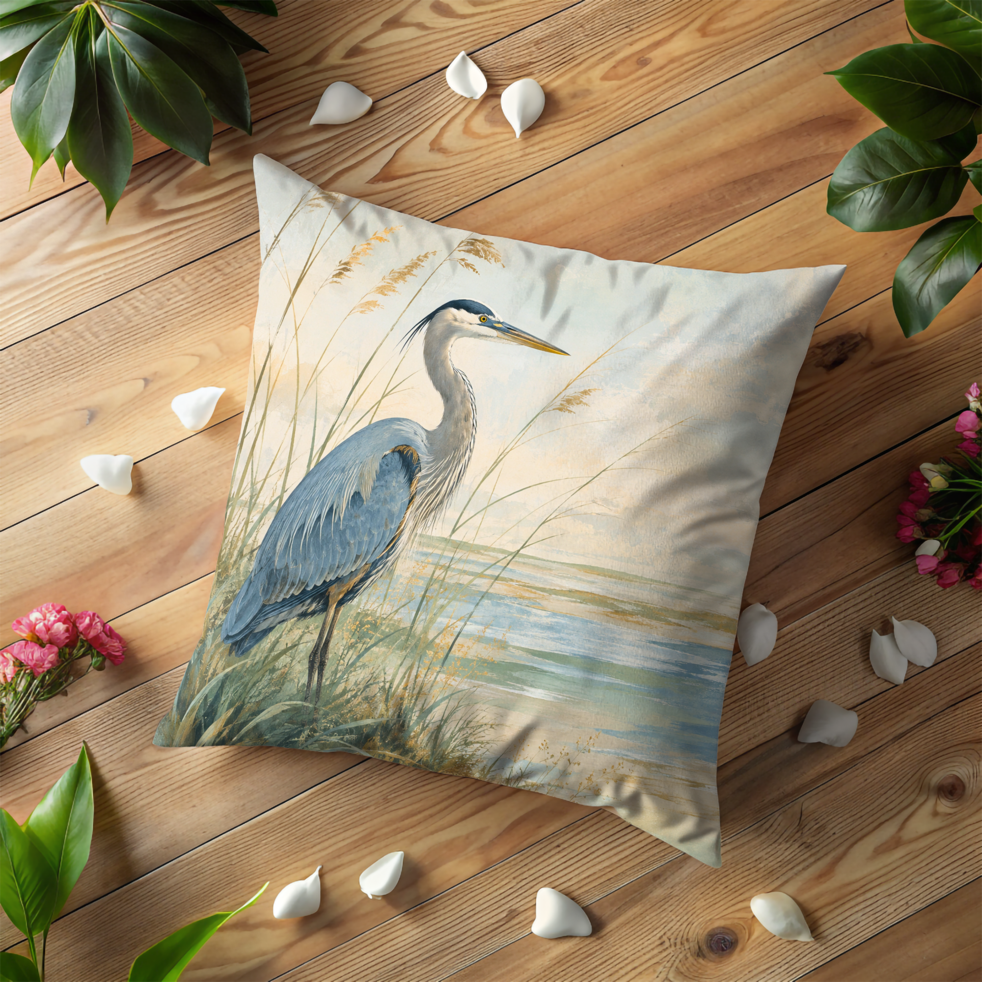 Blue Heron Coastal Grasses Soft Horizon Pillow Cover | Classic Wildlife Art | Serene Water Decor