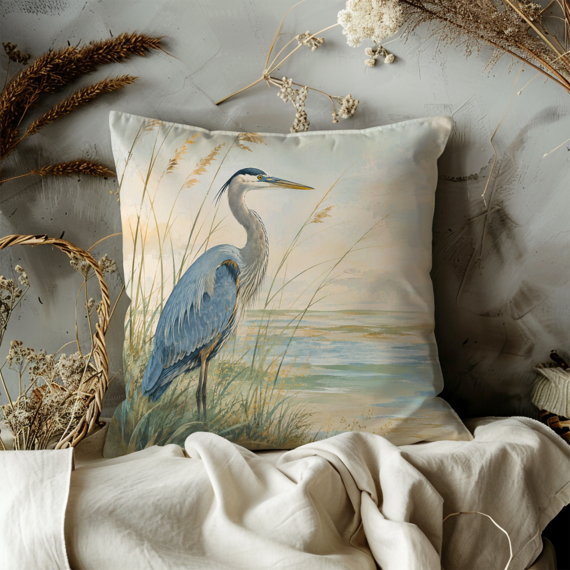 Blue Heron Coastal Grasses Soft Horizon Pillow Cover | Classic Wildlife Art | Serene Water Decor