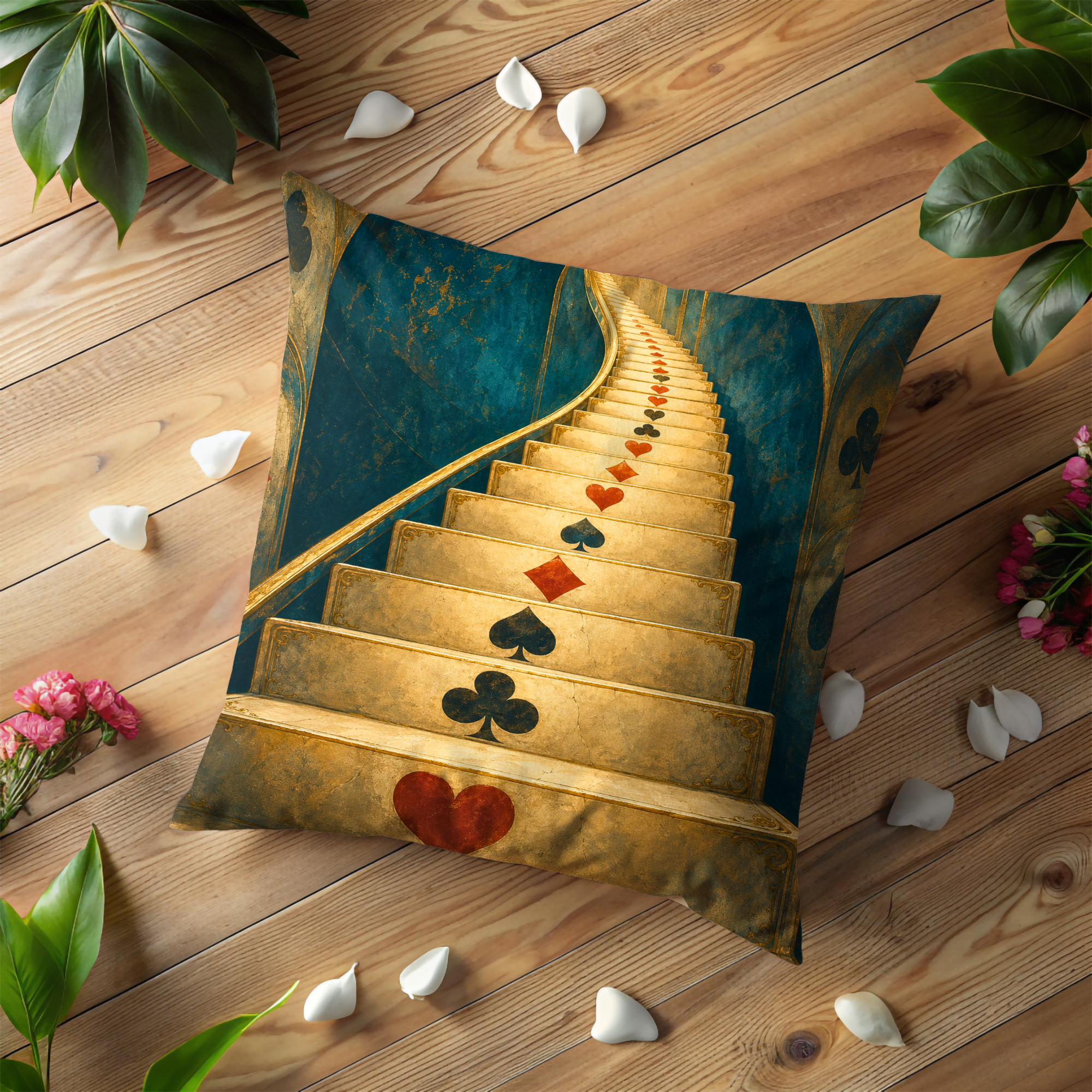 Playing Card Spiral Staircase Wonderland Pillow Cover | Alice in Wonderland Art | Fantasy Path Decor