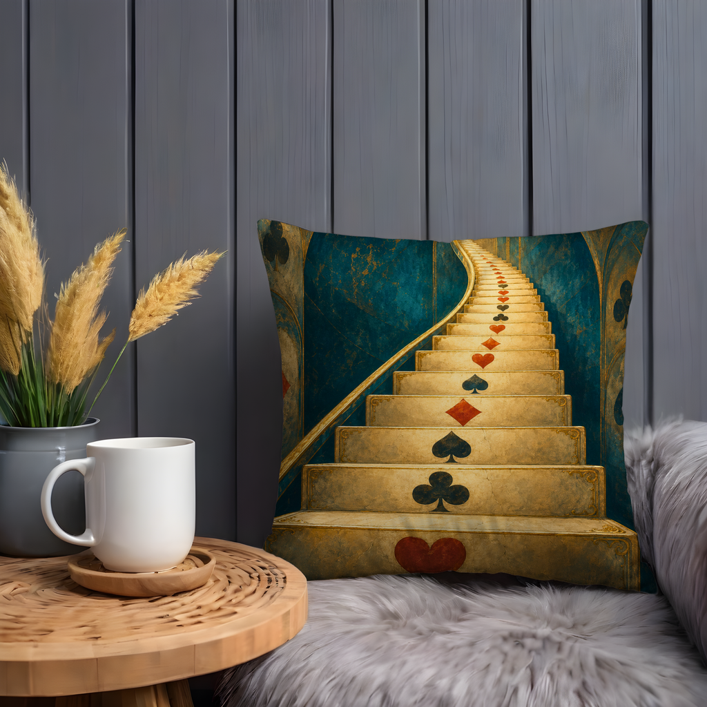 Playing Card Spiral Staircase Wonderland Pillow Cover | Alice in Wonderland Art | Fantasy Path Decor