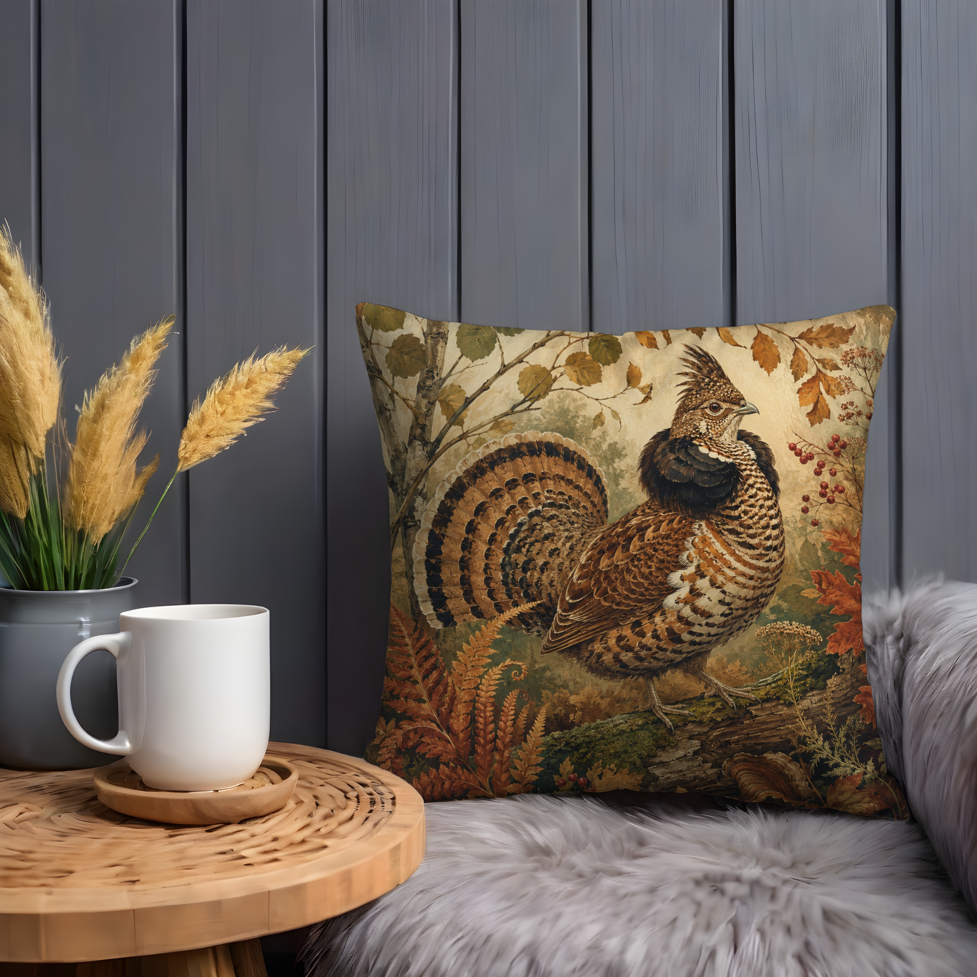 Ruffed Grouse Autumn Forest Ferns Pillow Cover | Classic Wildlife Art | Woodland Nature Decor