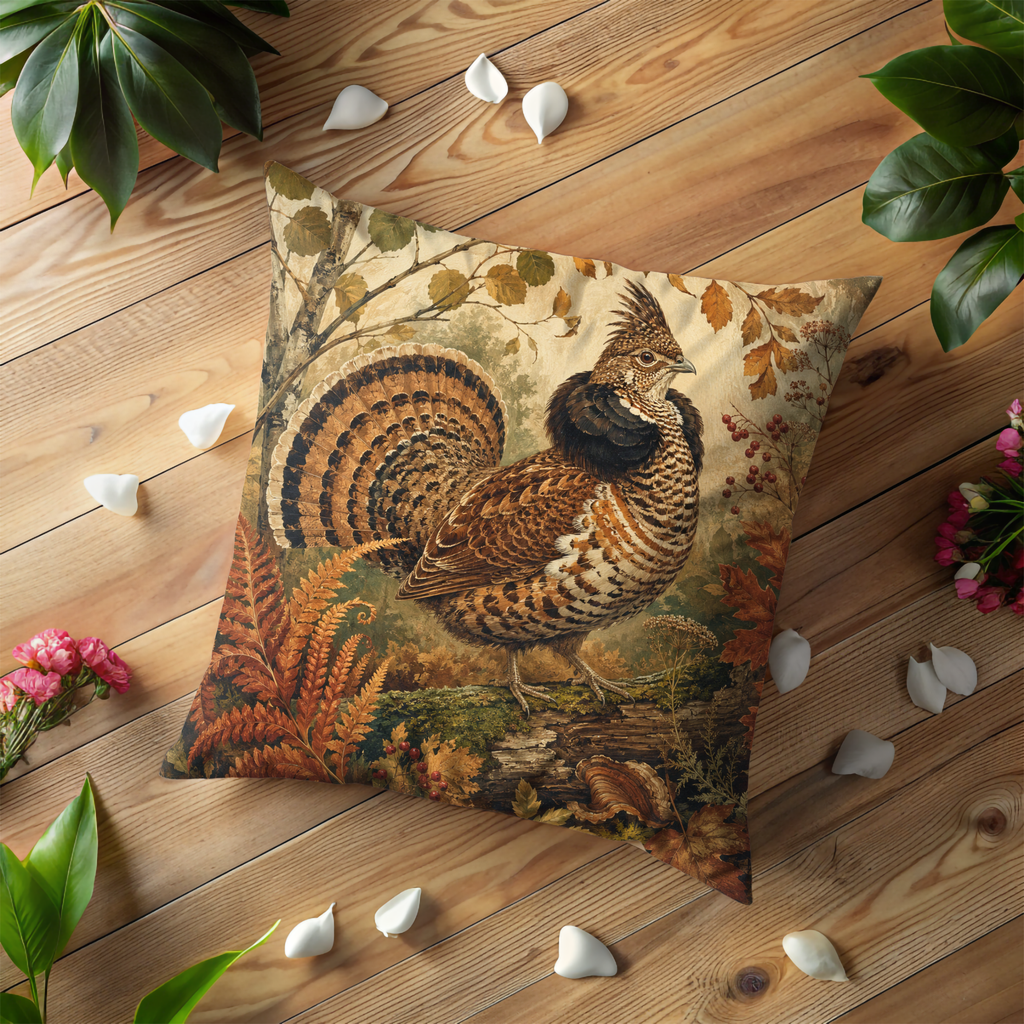 Ruffed Grouse Autumn Forest Ferns Pillow Cover | Classic Wildlife Art | Woodland Nature Decor