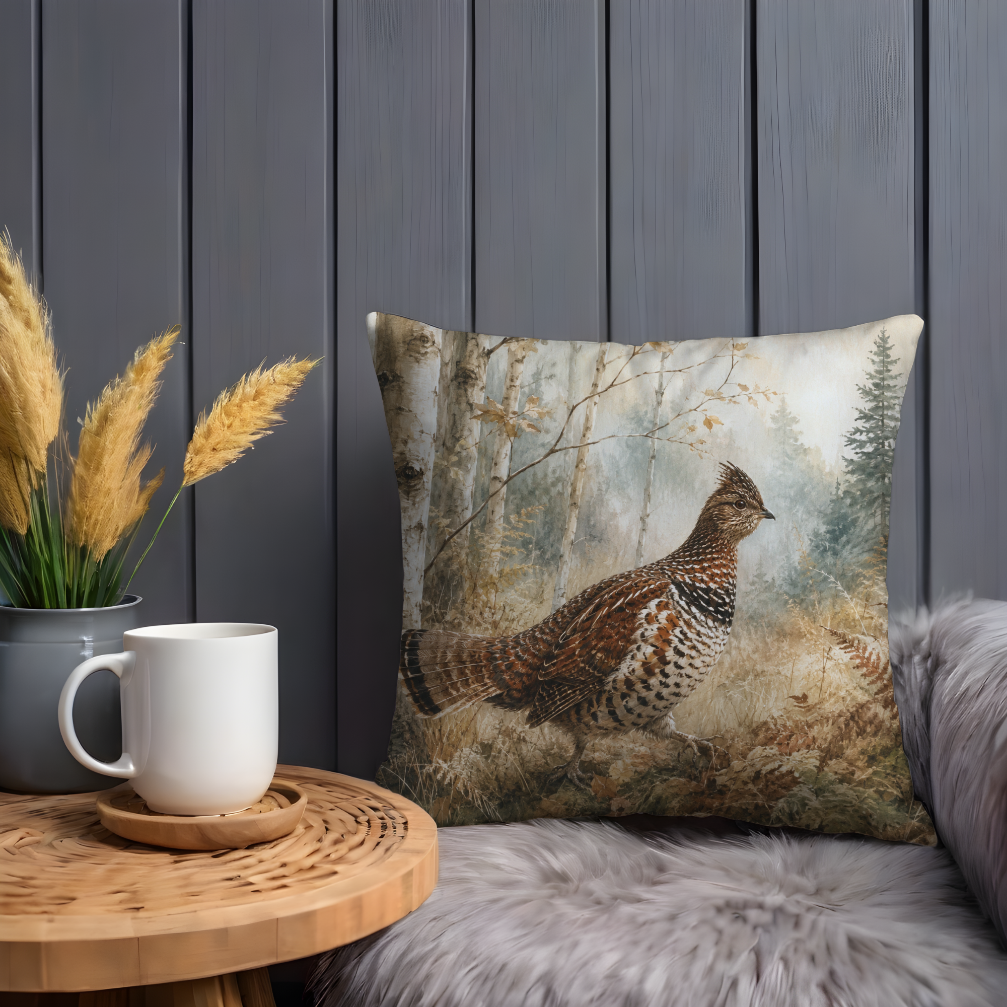 Ruffed Grouse Misty Birch Forest Pillow Cover | Classic Wildlife Art | Soft Woodland Decor