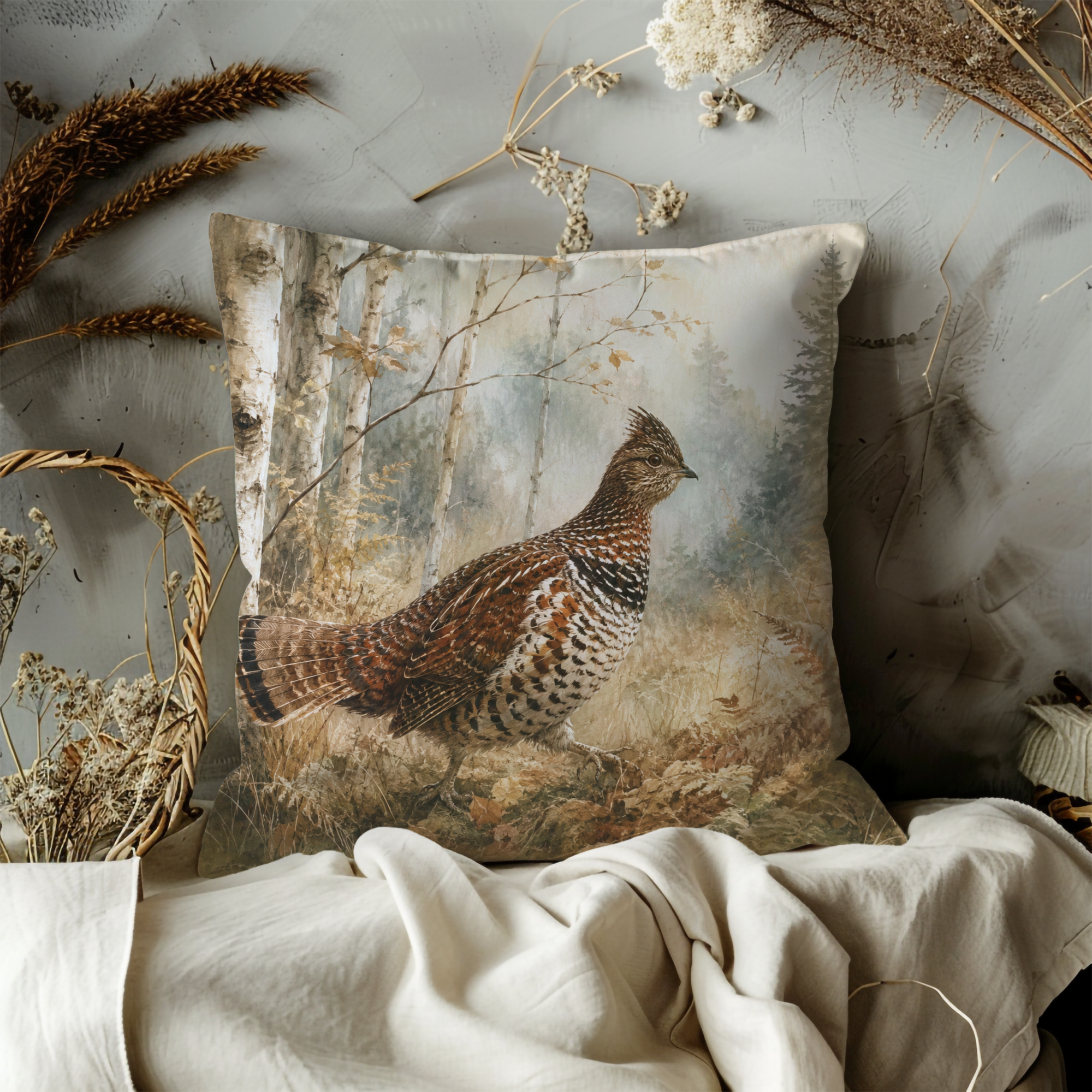 Ruffed Grouse Misty Birch Forest Pillow Cover | Classic Wildlife Art | Soft Woodland Decor