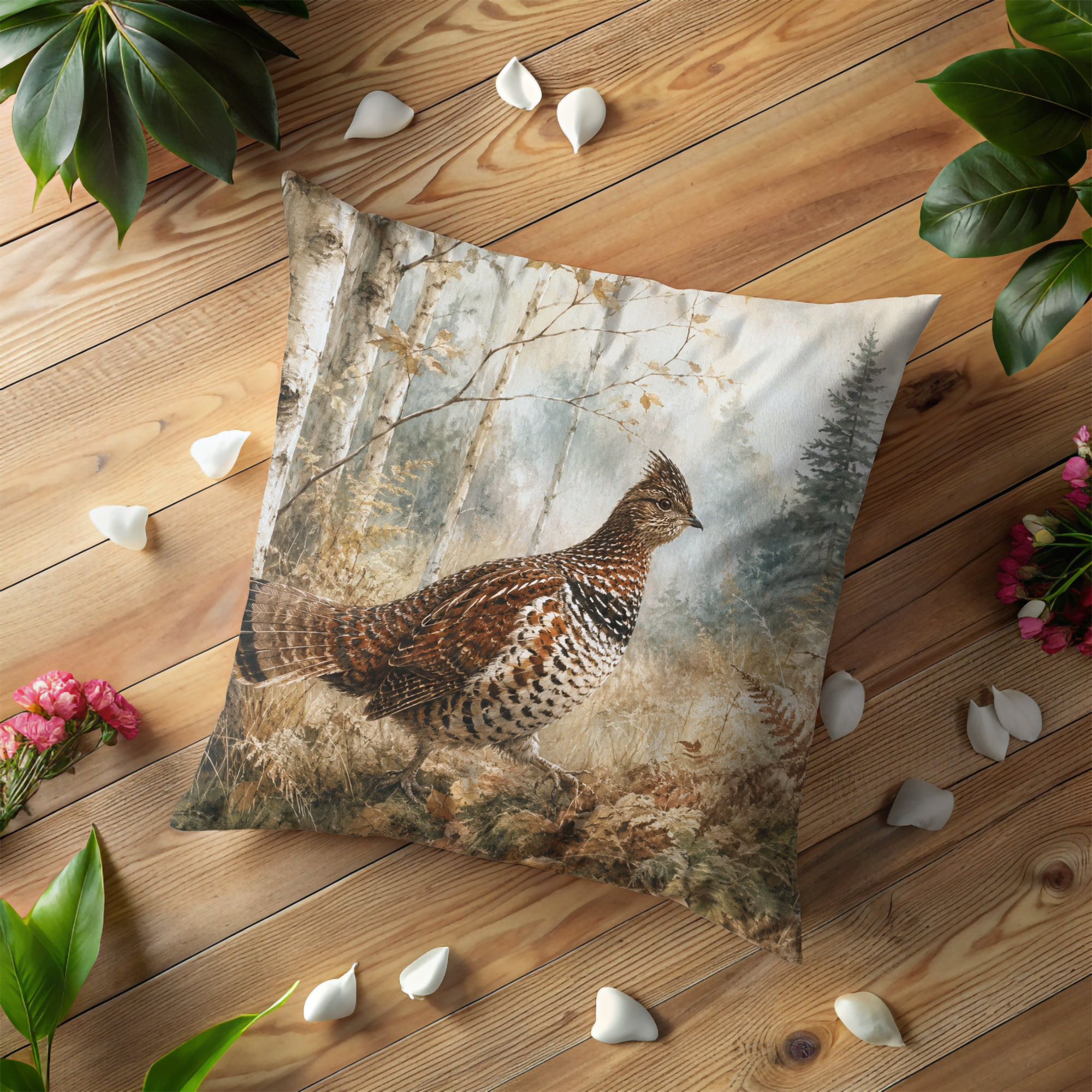 Ruffed Grouse Misty Birch Forest Pillow Cover | Classic Wildlife Art | Soft Woodland Decor