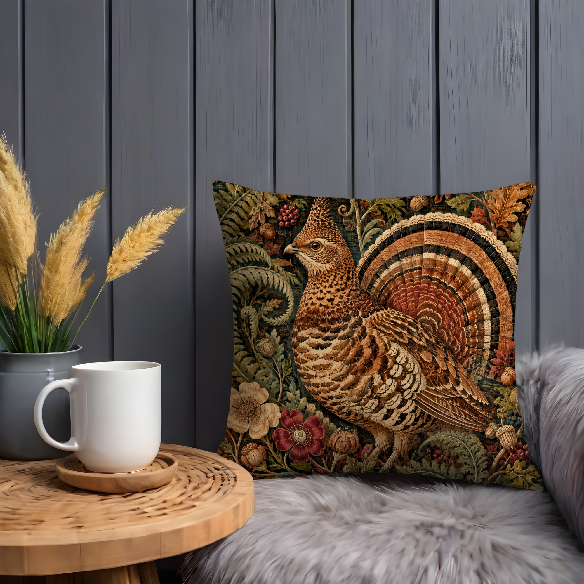 Ruffed Grouse Oak Ferns Acorns Botanical Pillow Cover | Classic Wildlife Art | Rich Woodland Decor