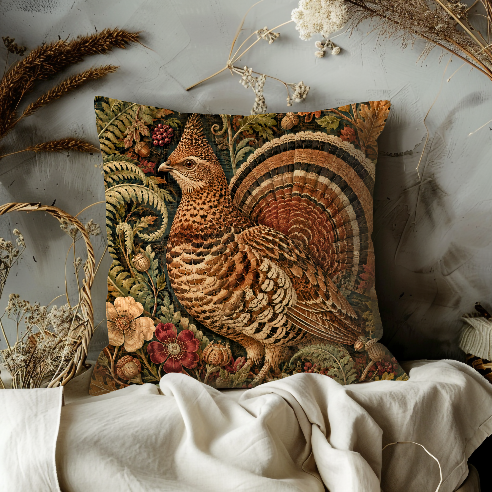 Ruffed Grouse Oak Ferns Acorns Botanical Pillow Cover | Classic Wildlife Art | Rich Woodland Decor