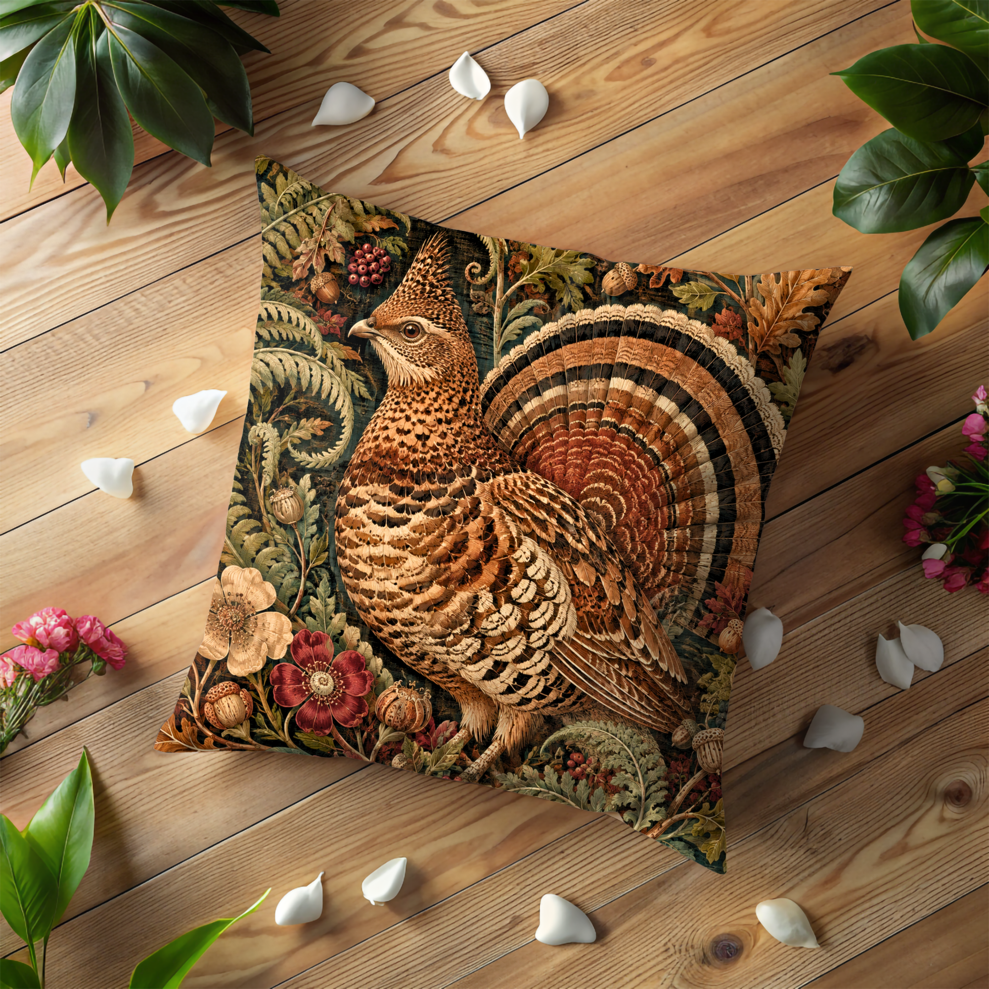 Ruffed Grouse Oak Ferns Acorns Botanical Pillow Cover | Classic Wildlife Art | Rich Woodland Decor