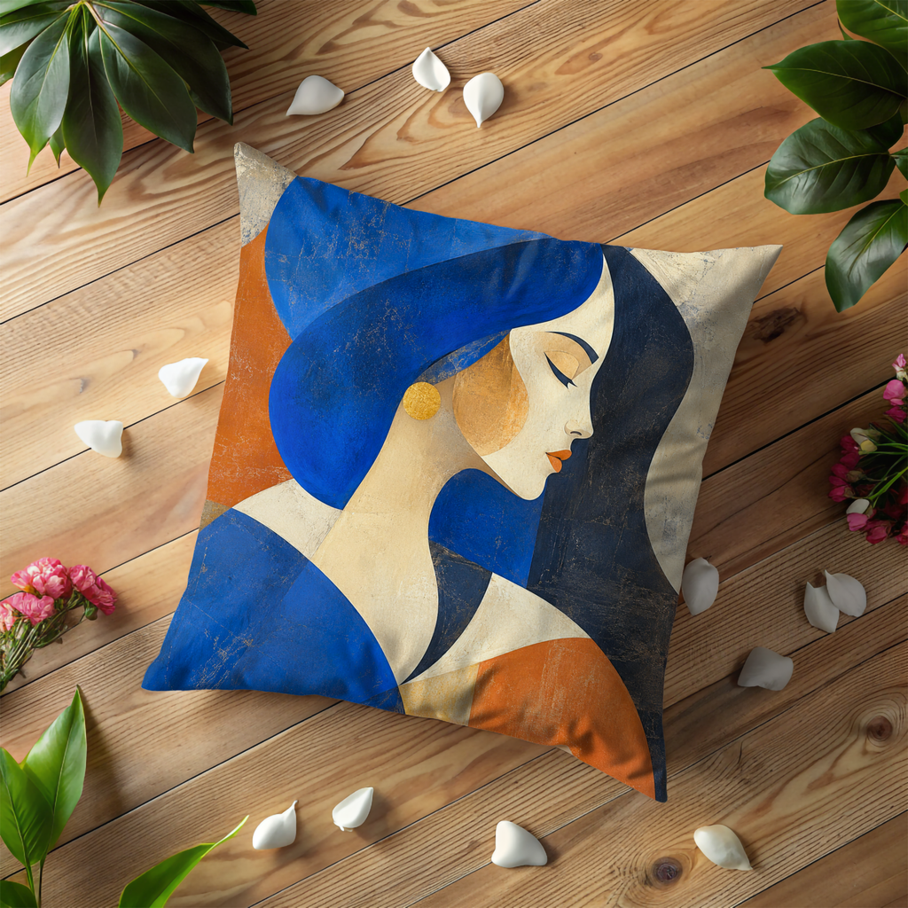 Abstract Woman Blue Hat Profile Pillow Cover | Modern Art Decor | Geometric Portrait