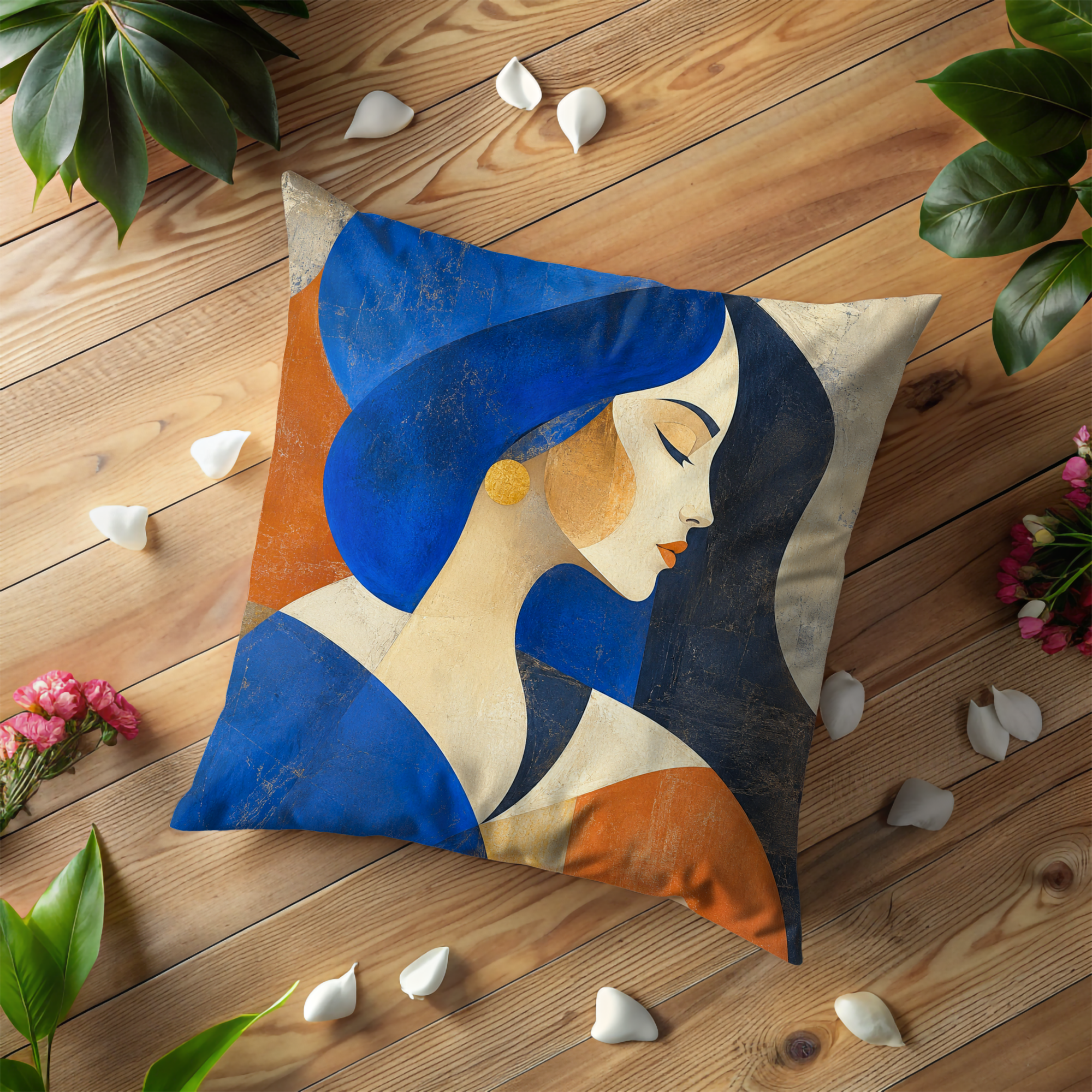 Abstract Woman Blue Hat Profile Pillow Cover | Modern Art Decor | Geometric Portrait