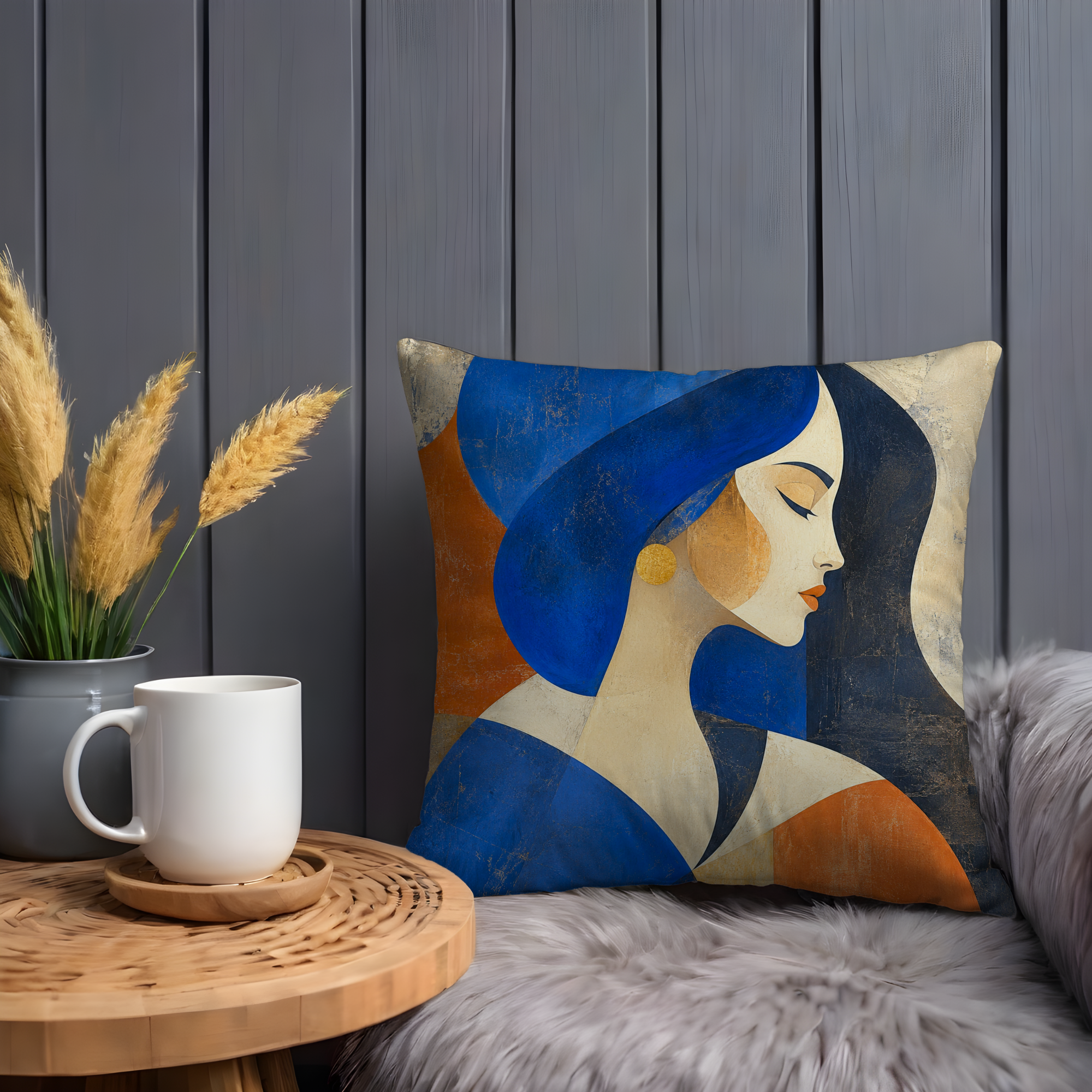 Abstract Woman Blue Hat Profile Pillow Cover | Modern Art Decor | Geometric Portrait