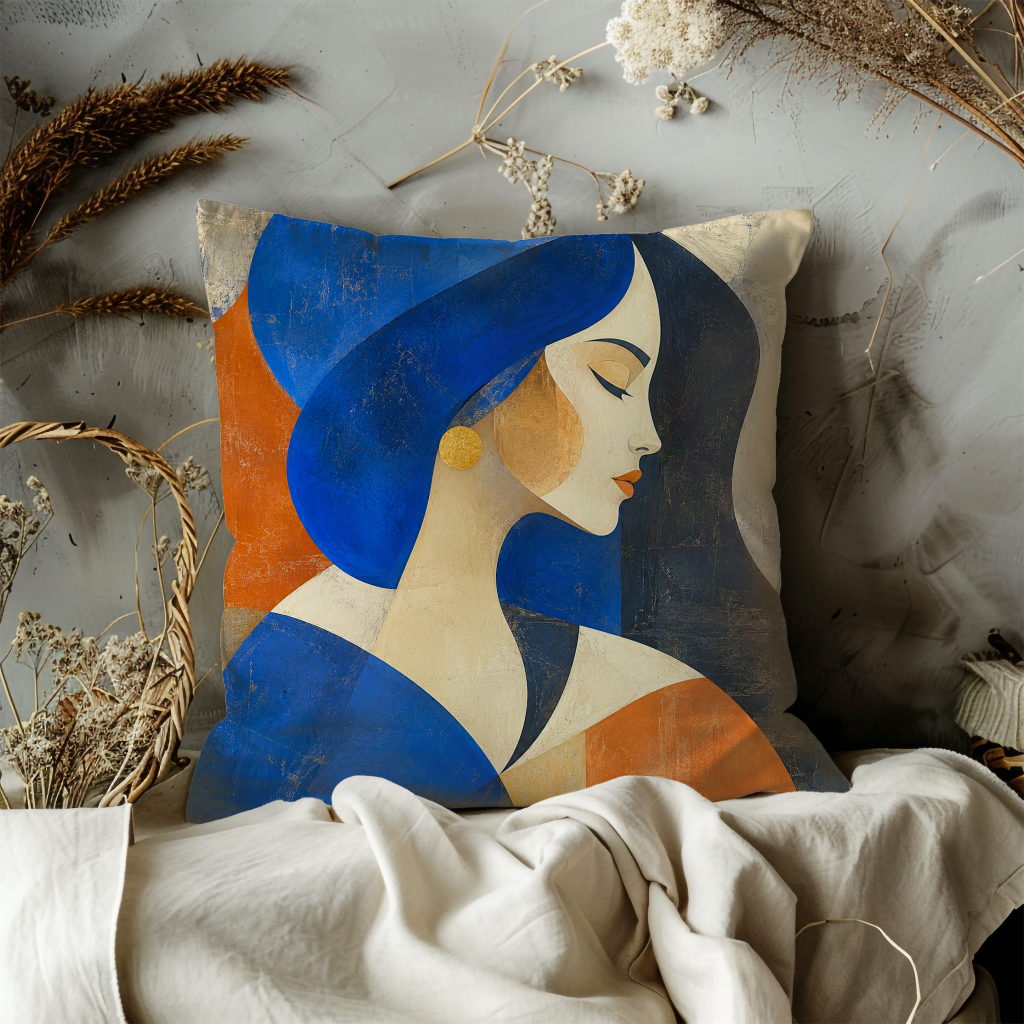 Abstract Woman Blue Hat Profile Pillow Cover | Modern Art Decor | Geometric Portrait