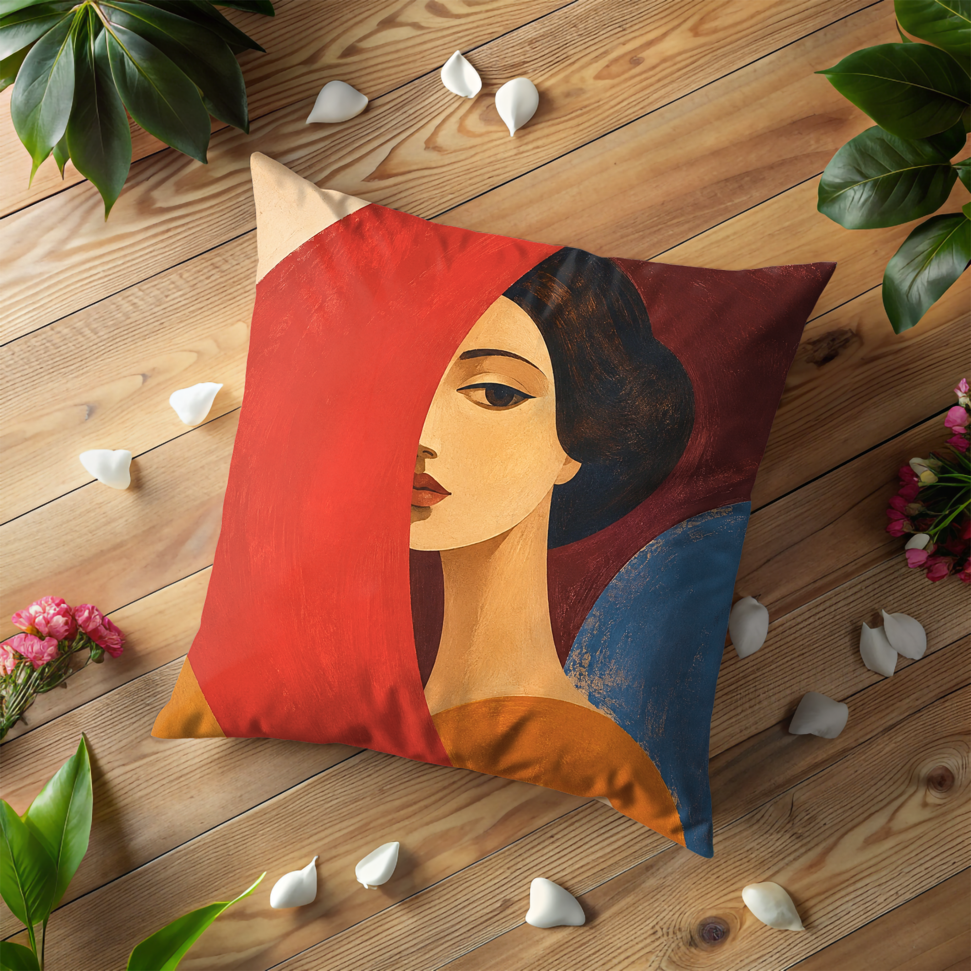 Abstract Woman Red Cloak Profile Pillow Cover | Modern Art Decor | Geometric Portrait