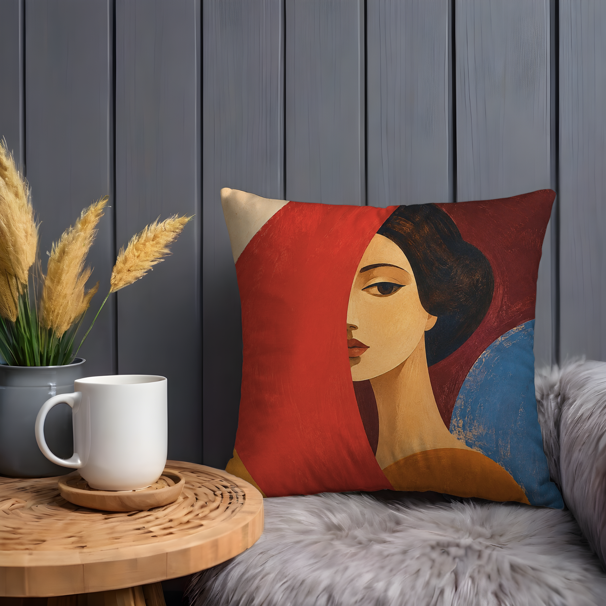 Abstract Woman Red Cloak Profile Pillow Cover | Modern Art Decor | Geometric Portrait