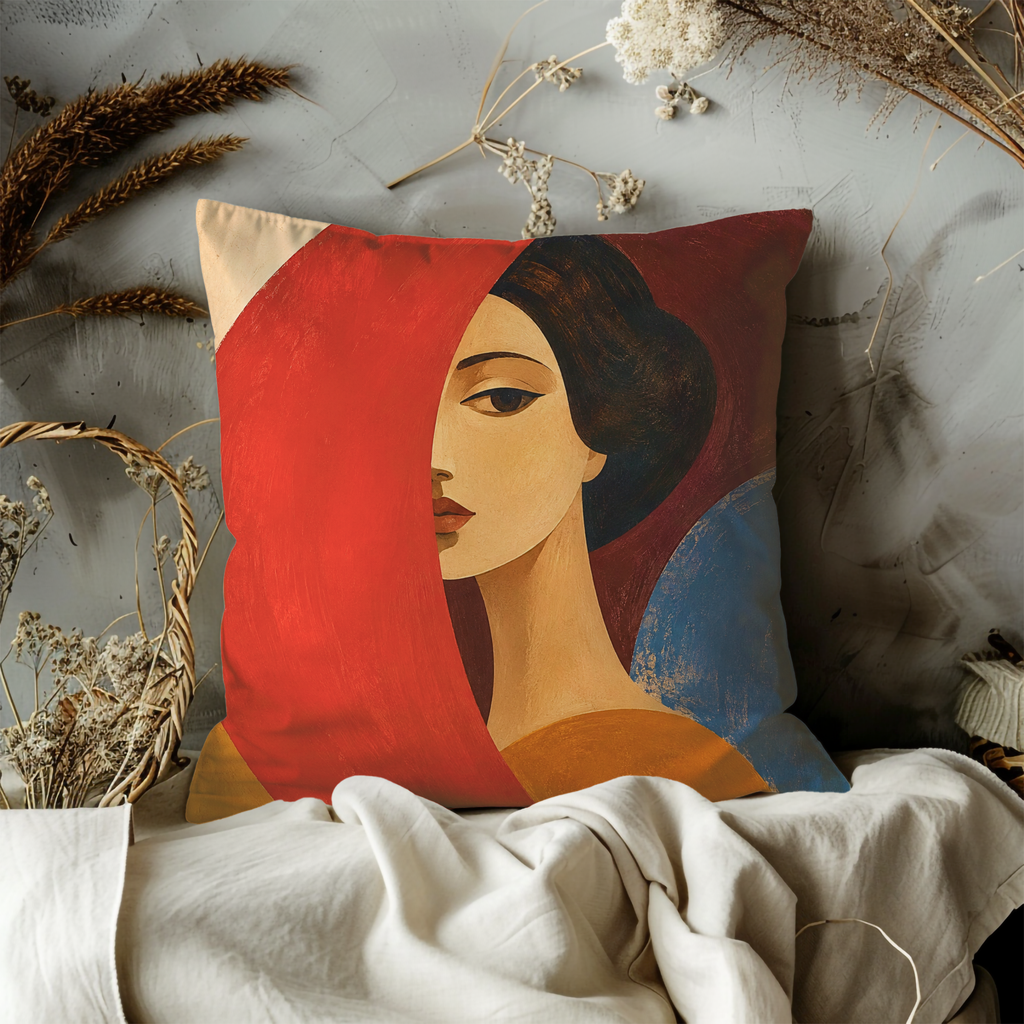 Abstract Woman Red Cloak Profile Pillow Cover | Modern Art Decor | Geometric Portrait