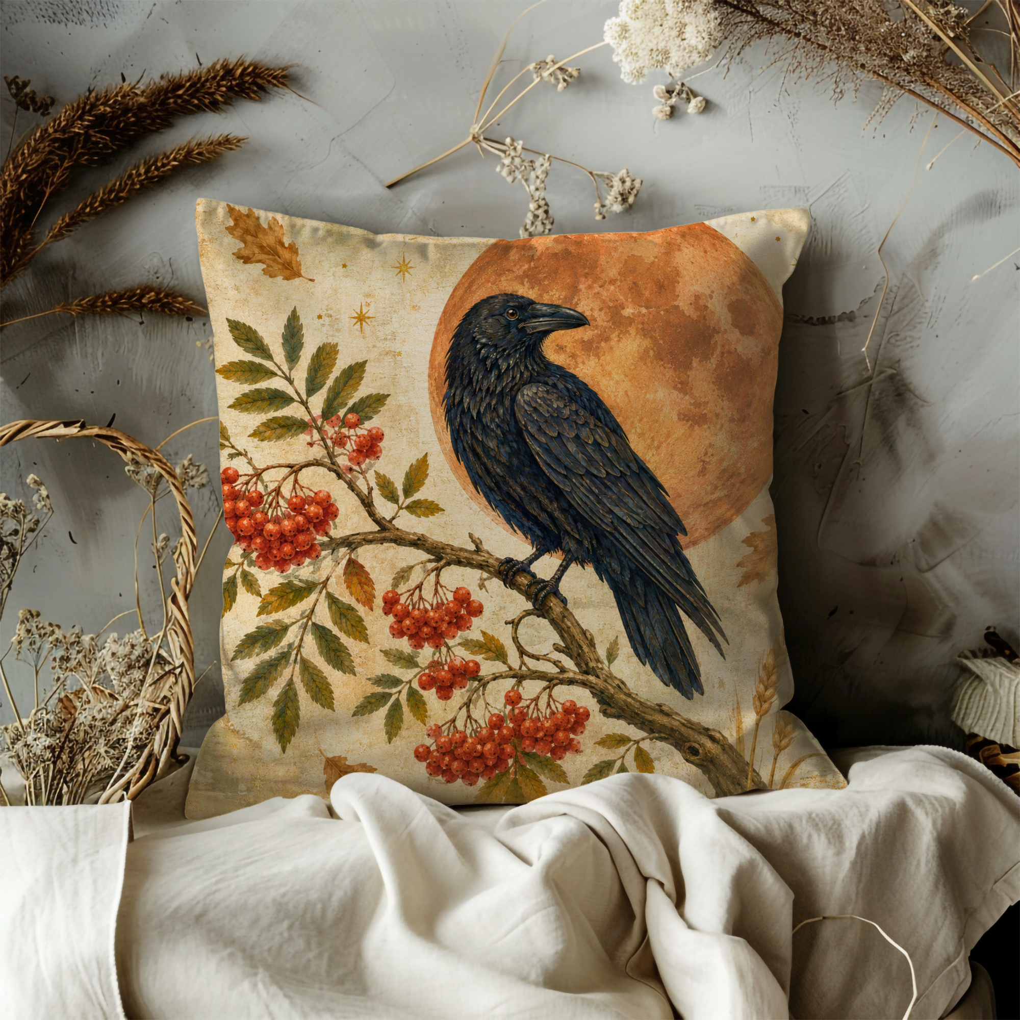 Raven Rowan Berries Orange Full Moon Pillow Cover | Pagan Celtic Art | Harvest Moon Decor