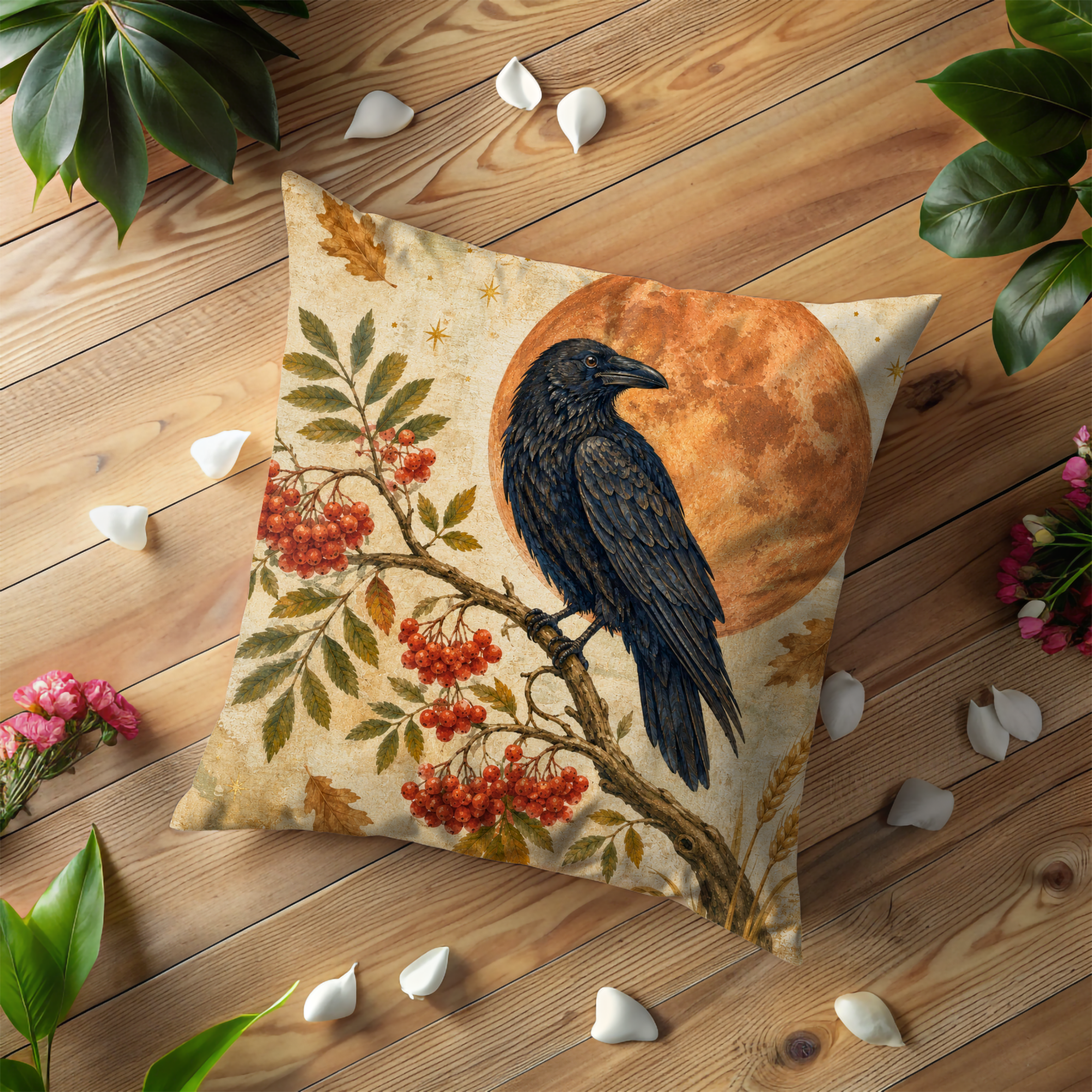 Raven Rowan Berries Orange Full Moon Pillow Cover | Pagan Celtic Art | Harvest Moon Decor