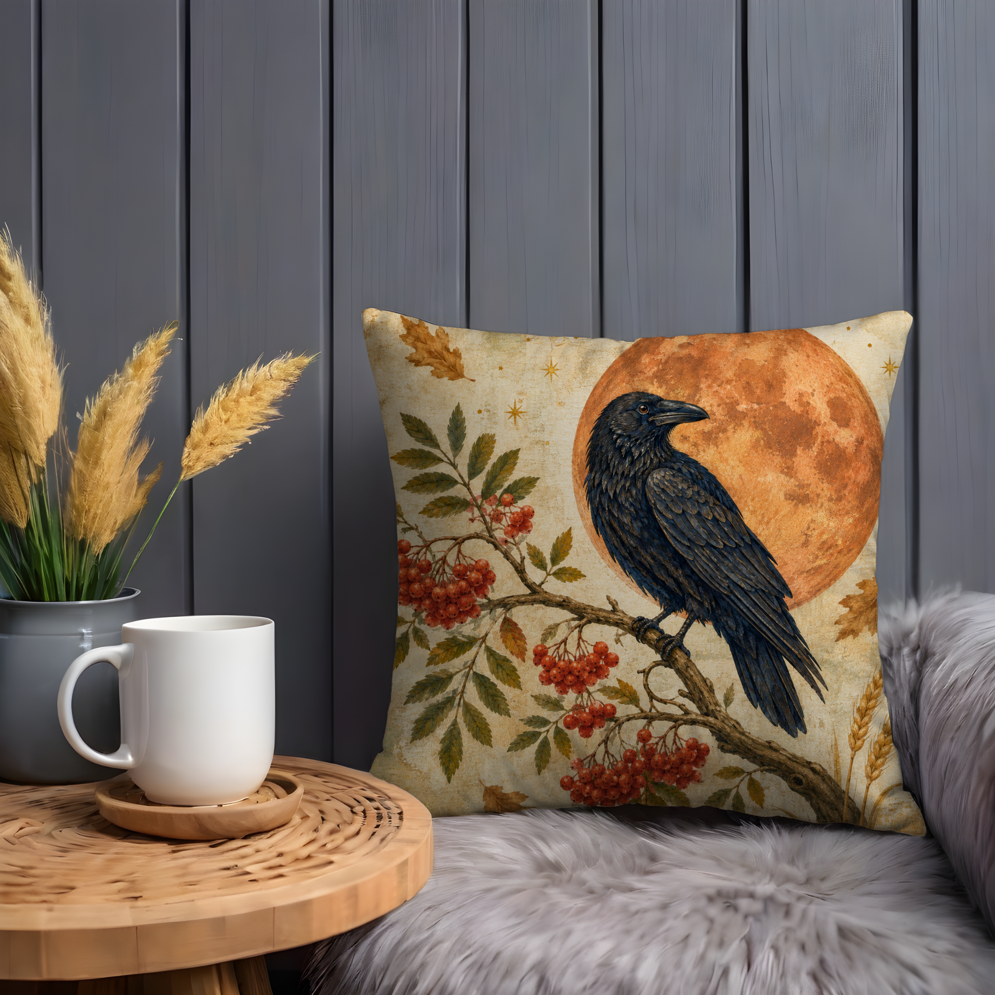 Raven Rowan Berries Orange Full Moon Pillow Cover | Pagan Celtic Art | Harvest Moon Decor