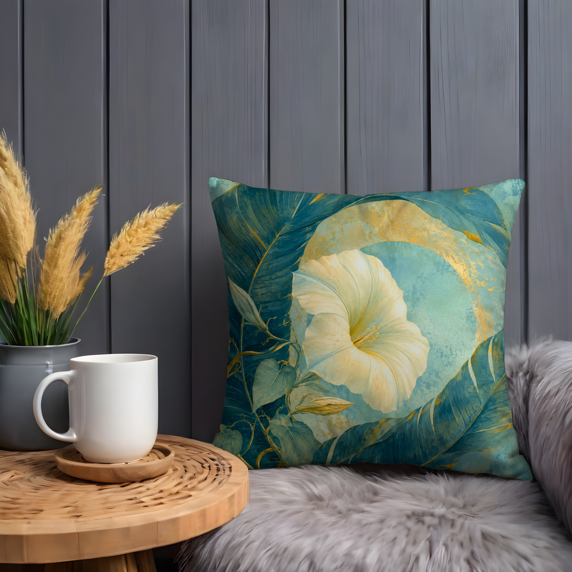 White Morning Glory Teal Leaves Gold Pillow Cover | Elegant Botanical Art | Luxe Floral Decor