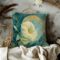 White Morning Glory Teal Leaves Gold Pillow Cover | Elegant Botanical Art | Luxe Floral Decor