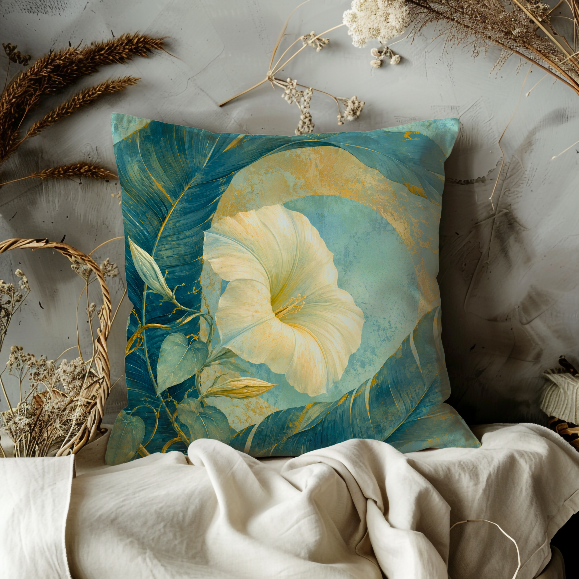 White Morning Glory Teal Leaves Gold Pillow Cover | Elegant Botanical Art | Luxe Floral Decor