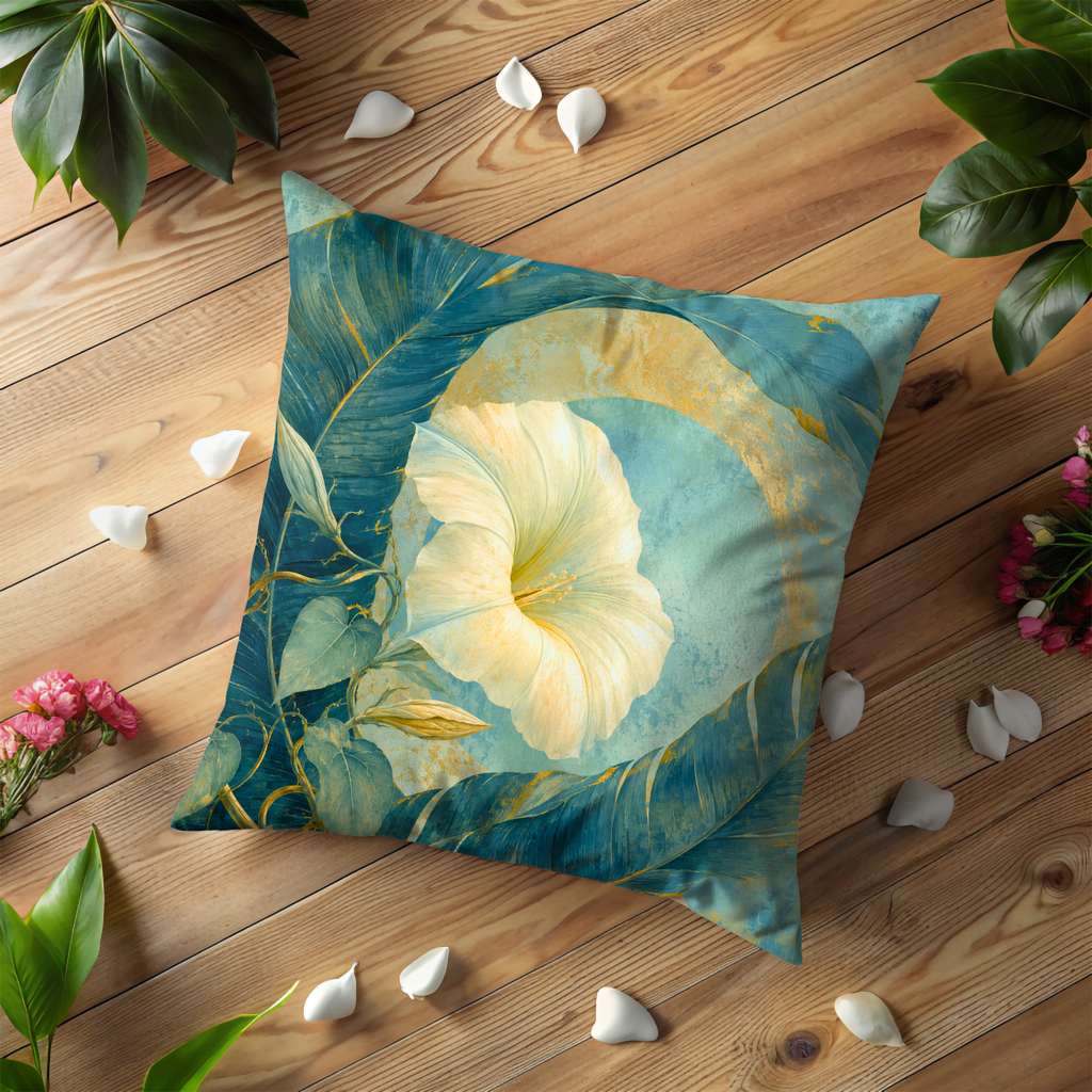 White Morning Glory Teal Leaves Gold Pillow Cover | Elegant Botanical Art | Luxe Floral Decor