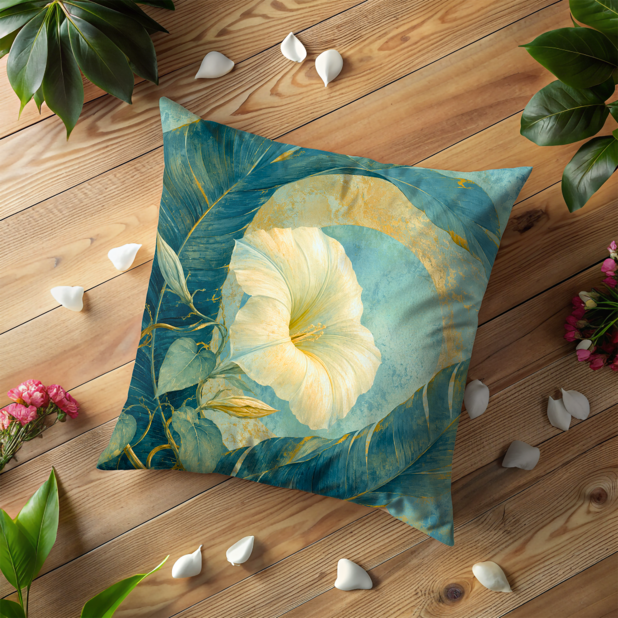 White Morning Glory Teal Leaves Gold Pillow Cover | Elegant Botanical Art | Luxe Floral Decor