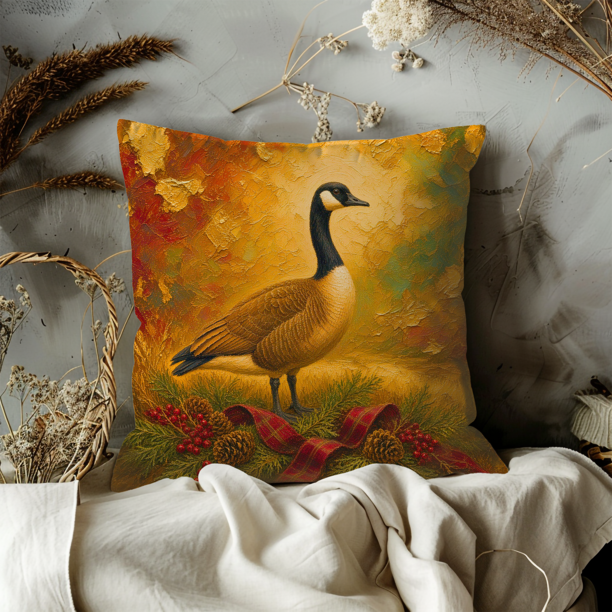 Canada Goose Pinecones Berries Plaid Ribbon Pillow Cover | Classic Wildlife Art | Festive Autumn Decor