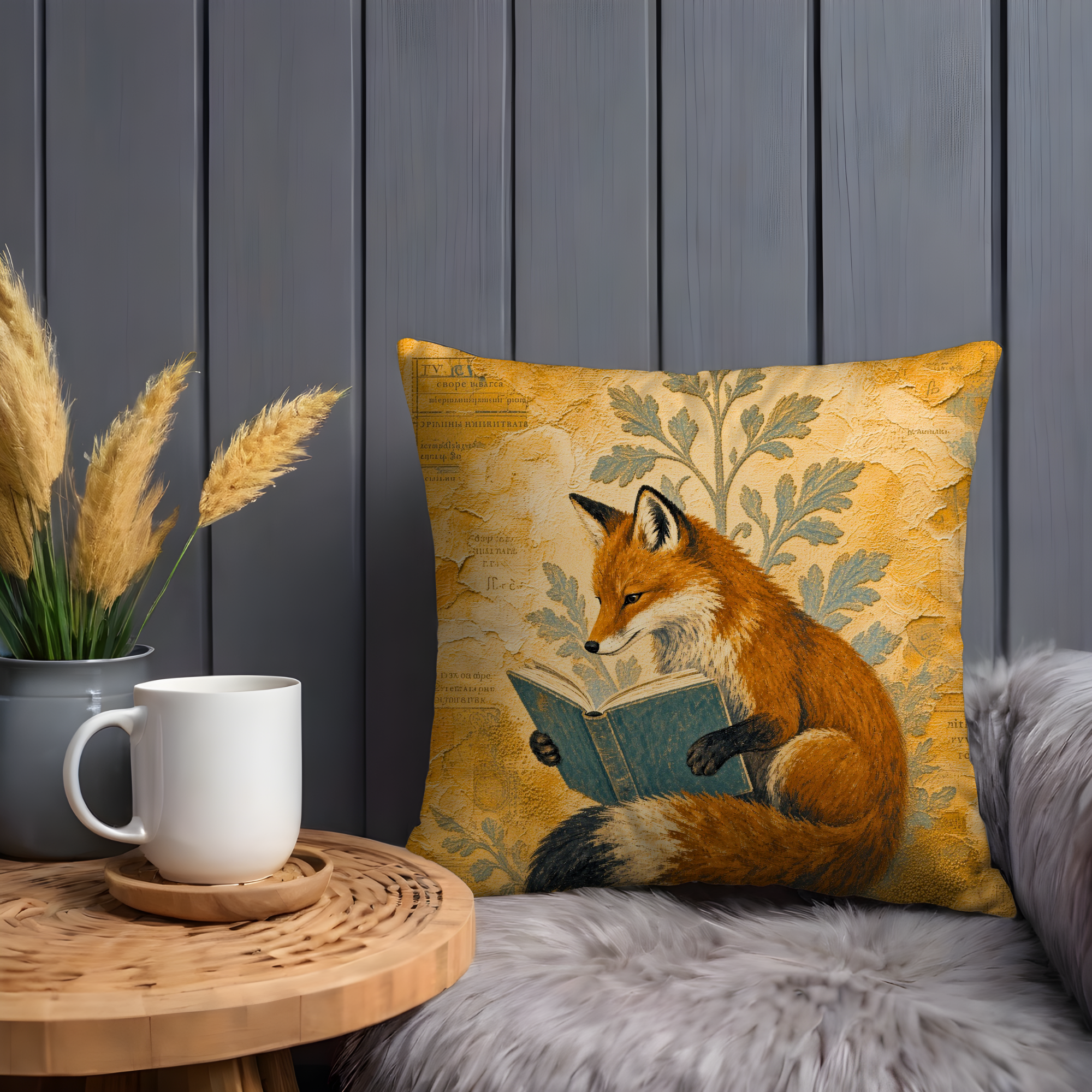 Reading Fox Book Vintage Botanical Pillow Cover | Whimsical Animal Art | Literary Nature Decor