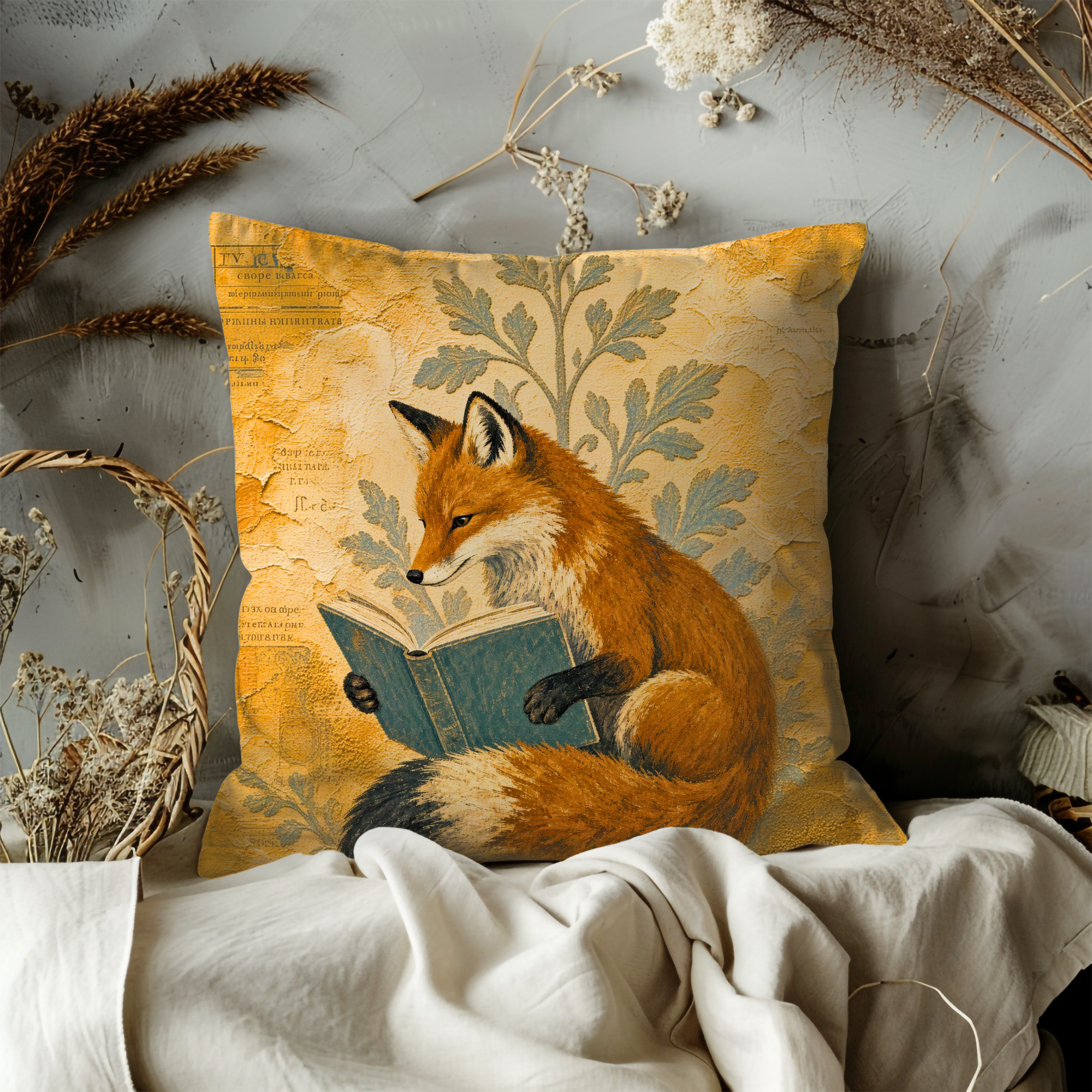 Reading Fox Book Vintage Botanical Pillow Cover | Whimsical Animal Art | Literary Nature Decor