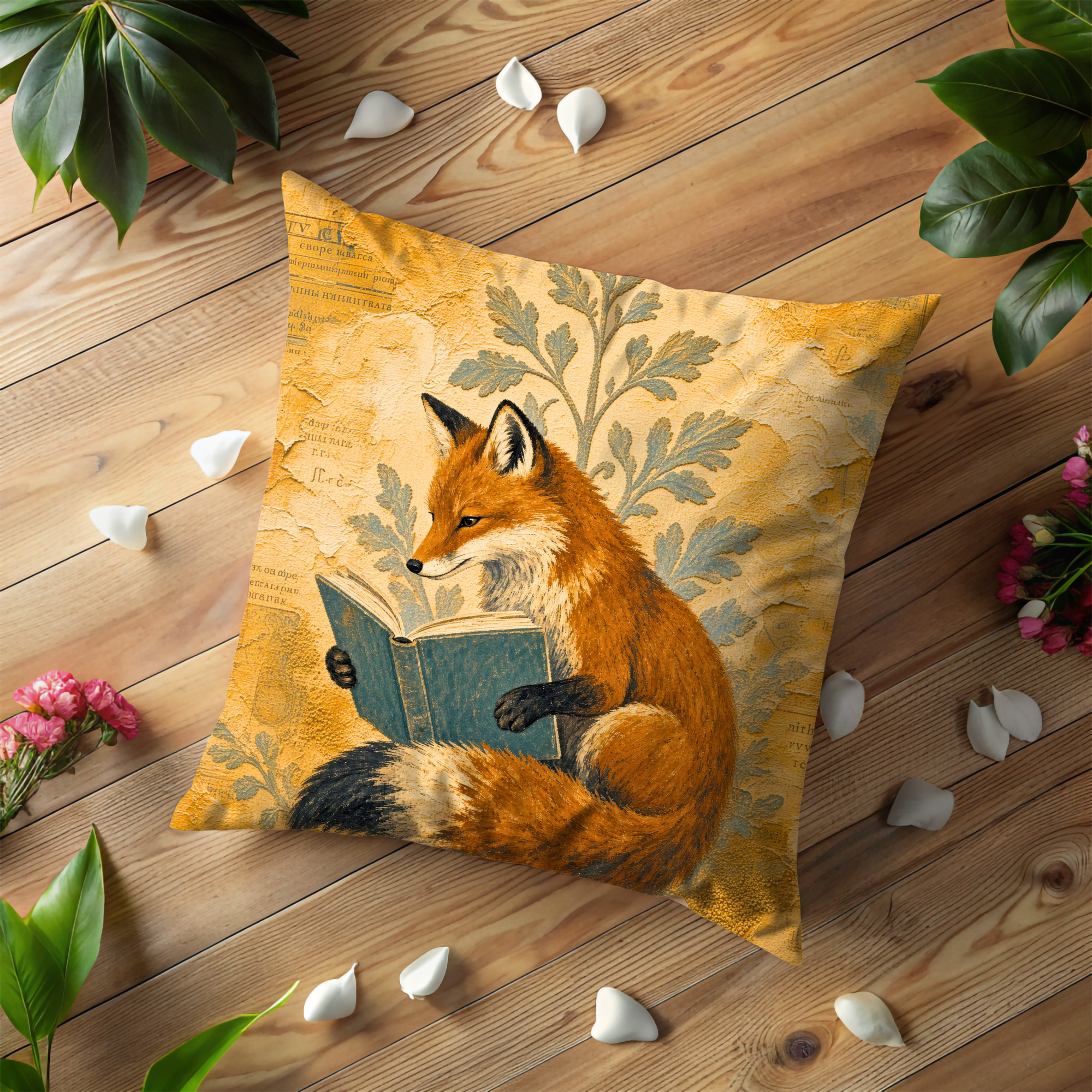 Reading Fox Book Vintage Botanical Pillow Cover | Whimsical Animal Art | Literary Nature Decor