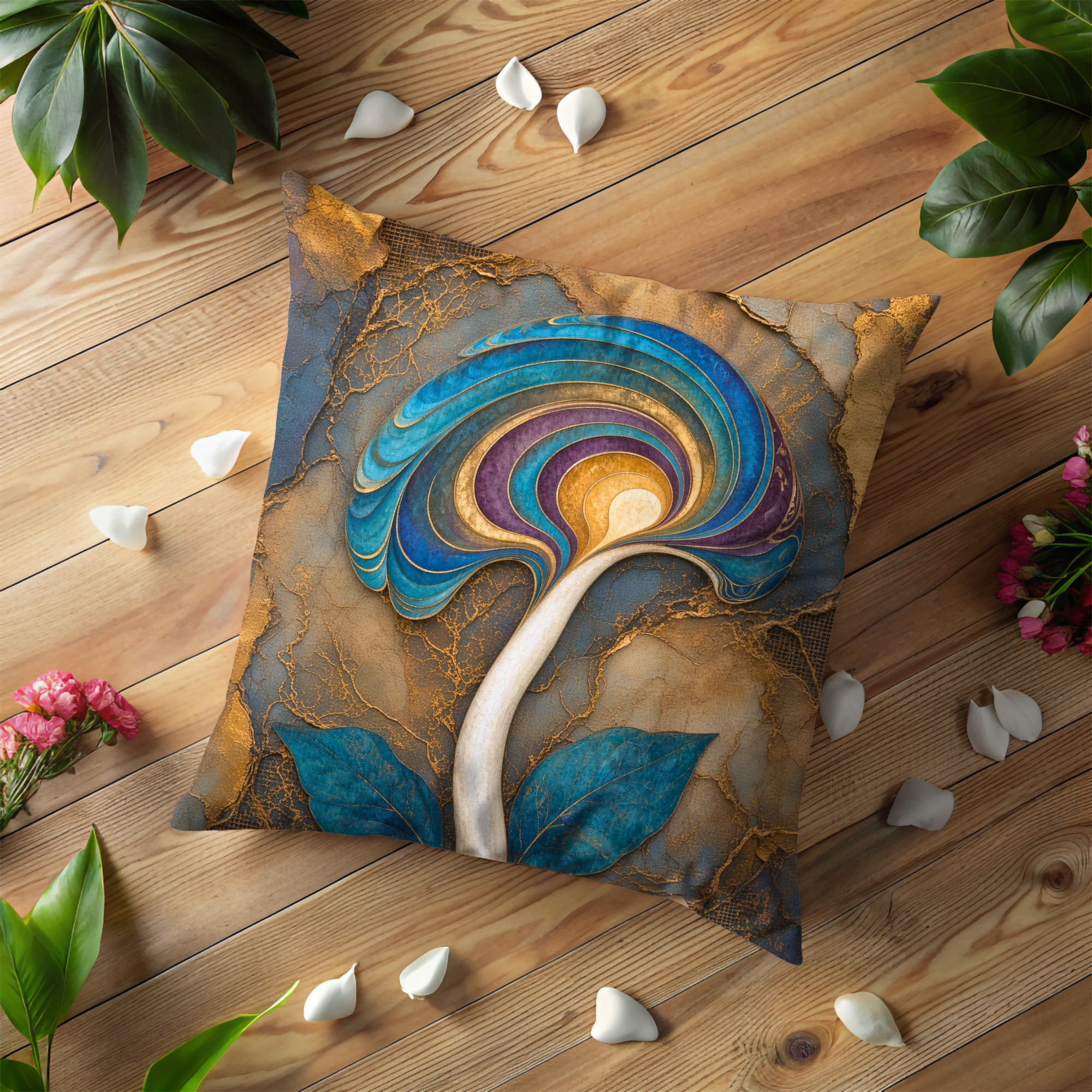 Swirling Blue Purple Gold Mushroom Pillow Cover | Mystical Botanical Art | Luxe Fungi Decor