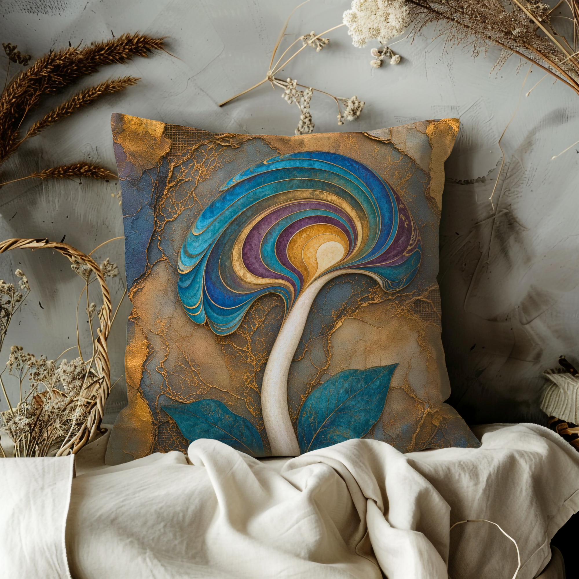 Swirling Blue Purple Gold Mushroom Pillow Cover | Mystical Botanical Art | Luxe Fungi Decor