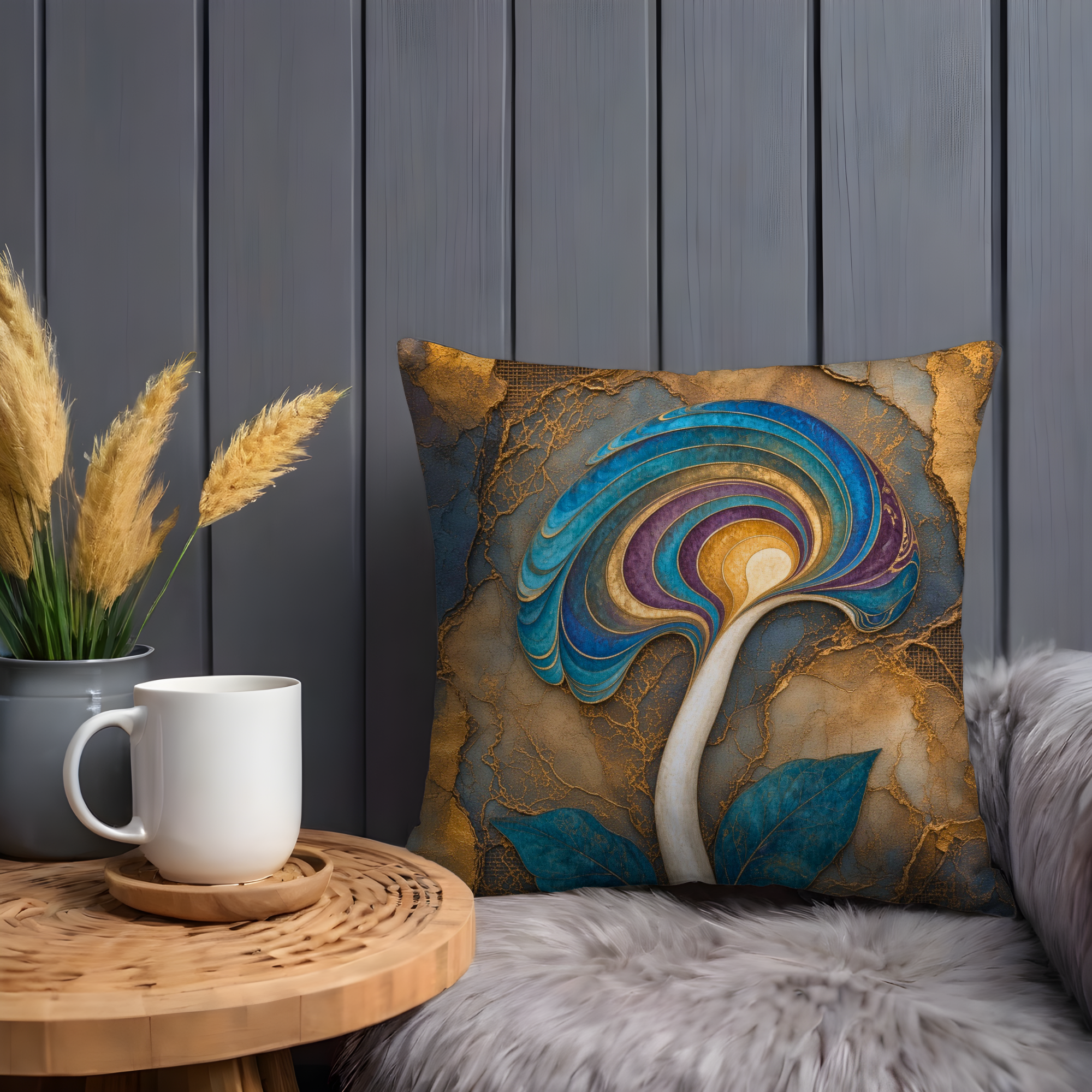 Swirling Blue Purple Gold Mushroom Pillow Cover | Mystical Botanical Art | Luxe Fungi Decor