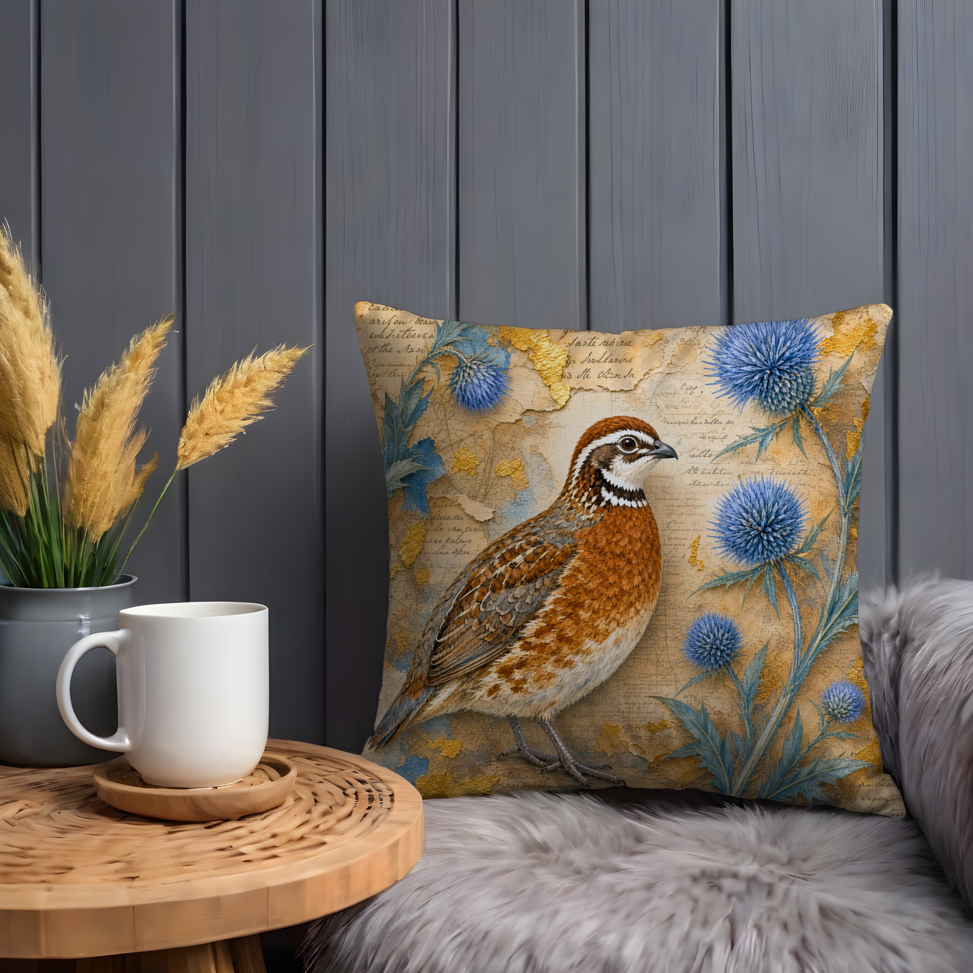 Quail Blue Thistle Vintage Map Pillow Cover | Classic Wildlife Art | Natural History Decor