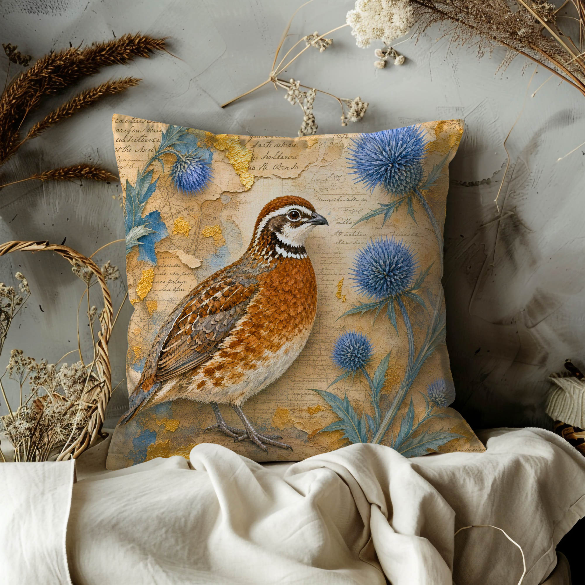 Quail Blue Thistle Vintage Map Pillow Cover | Classic Wildlife Art | Natural History Decor