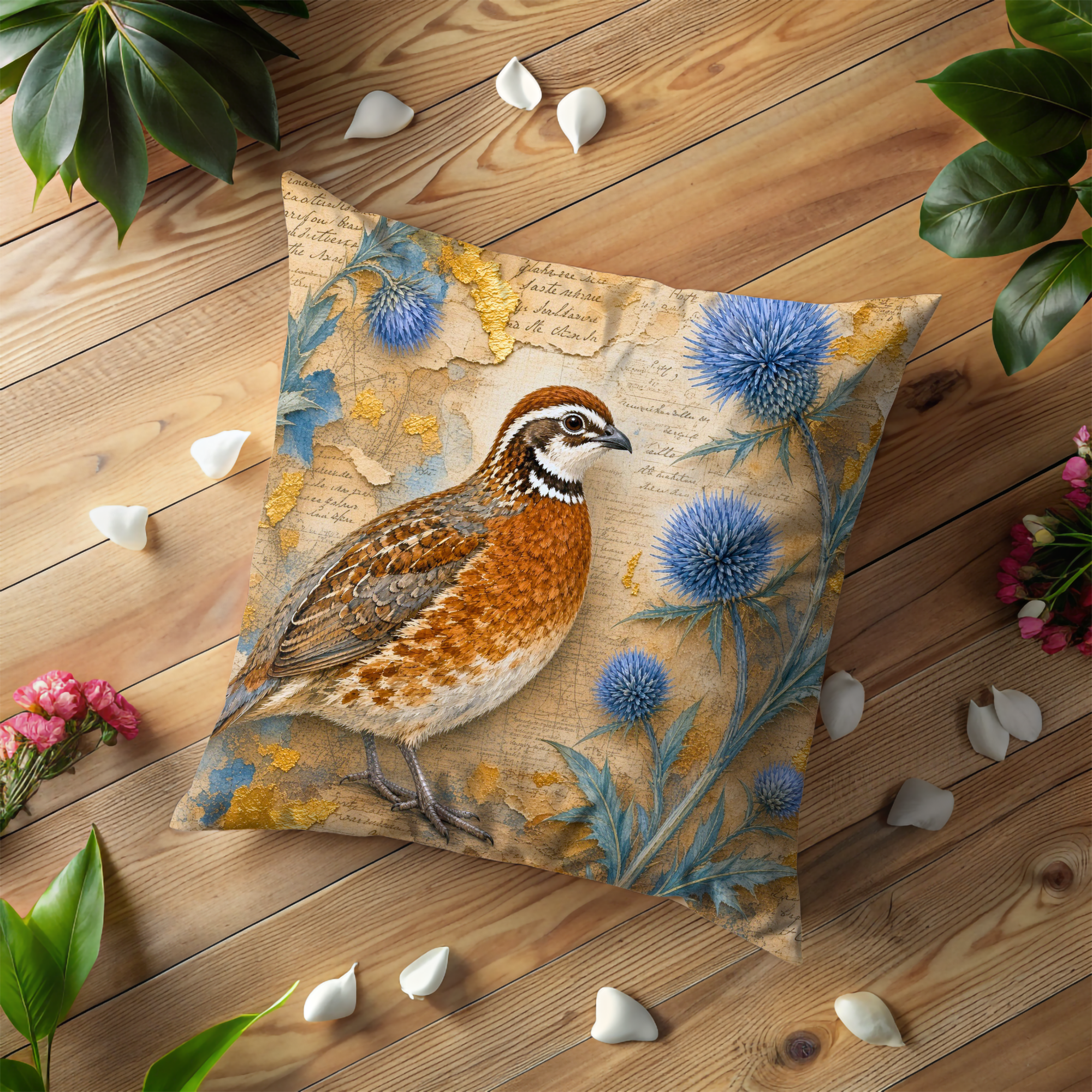 Quail Blue Thistle Vintage Map Pillow Cover | Classic Wildlife Art | Natural History Decor