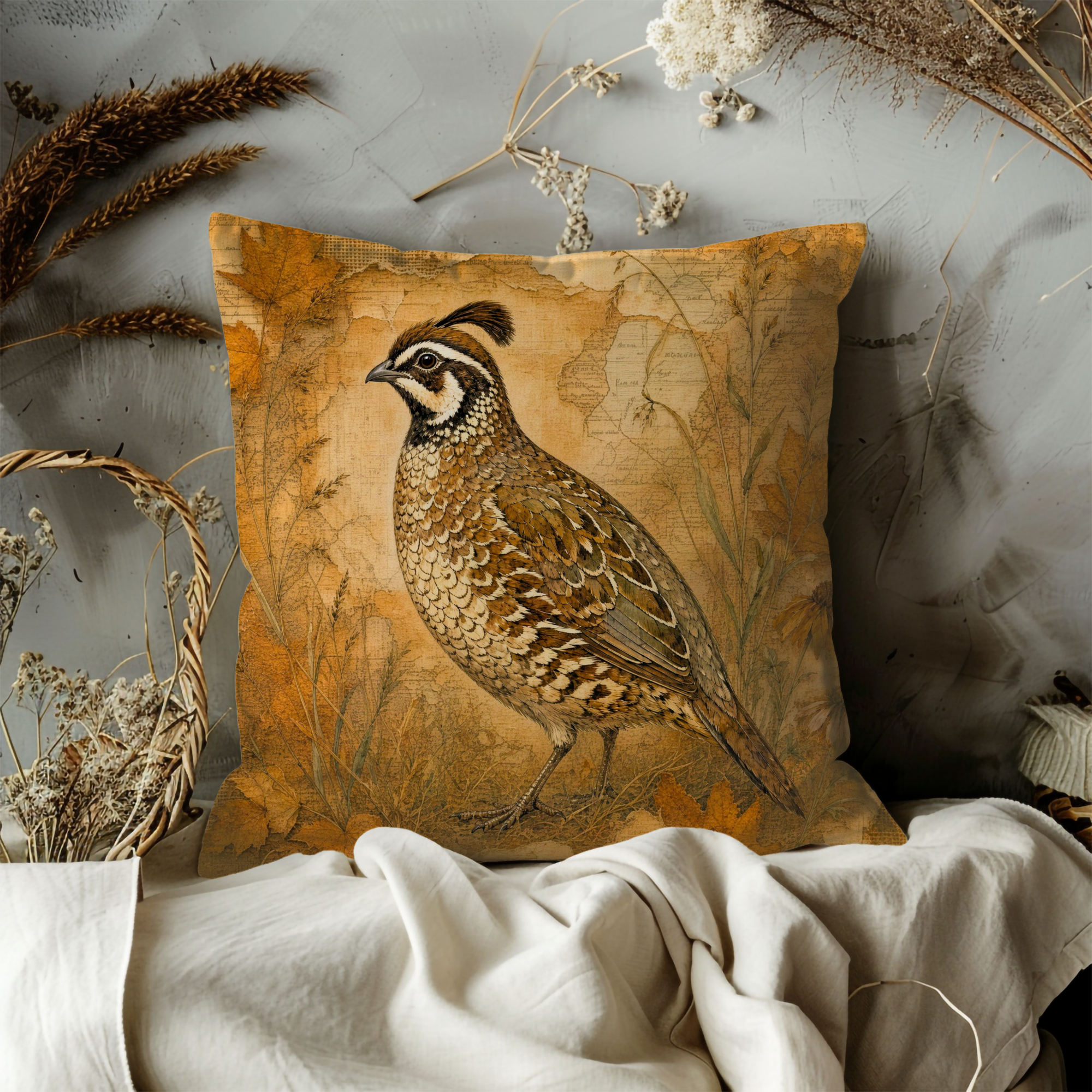 Crested Quail Autumn Map Vintage Pillow Cover | Classic Wildlife Art | Natural History Decor