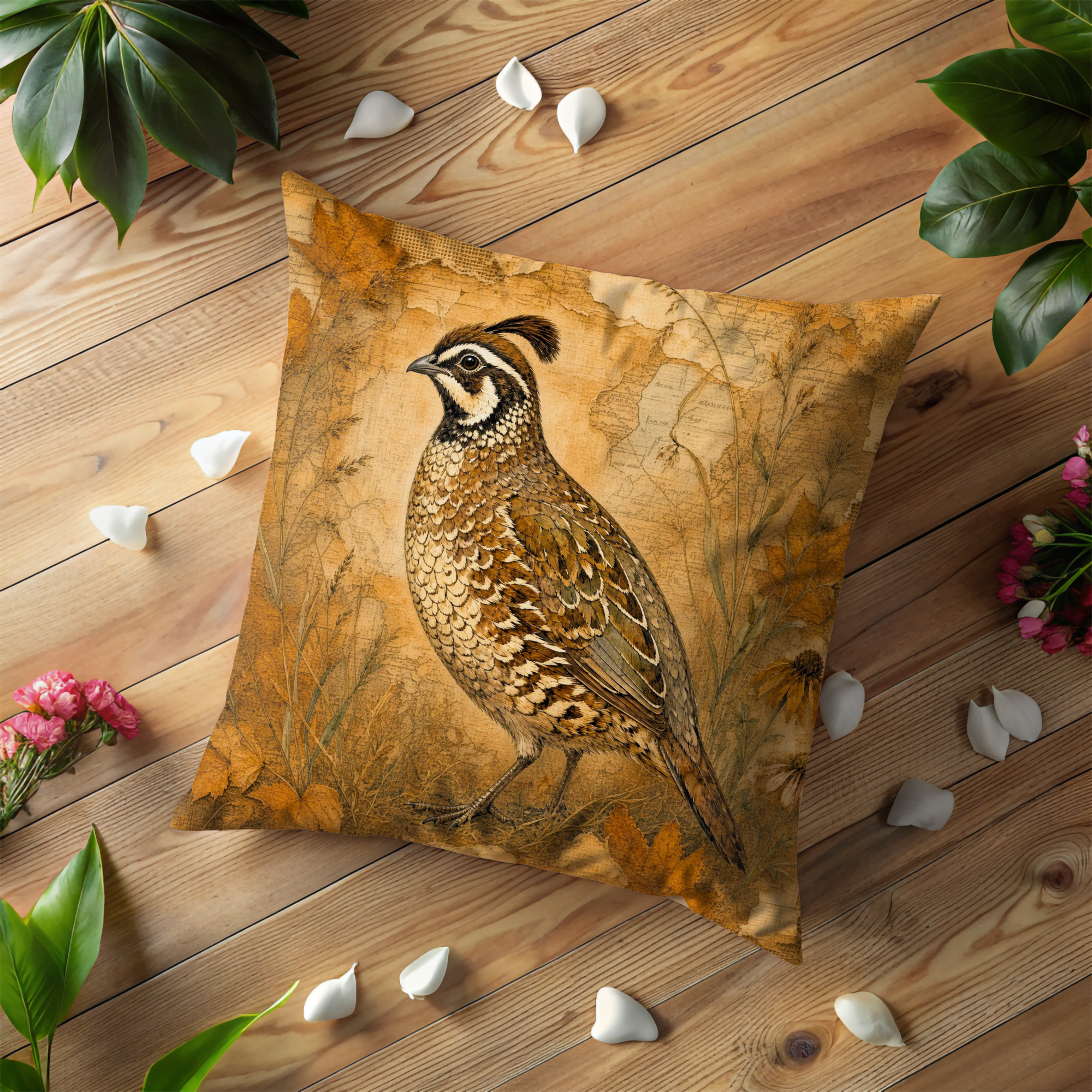 Crested Quail Autumn Map Vintage Pillow Cover | Classic Wildlife Art | Natural History Decor
