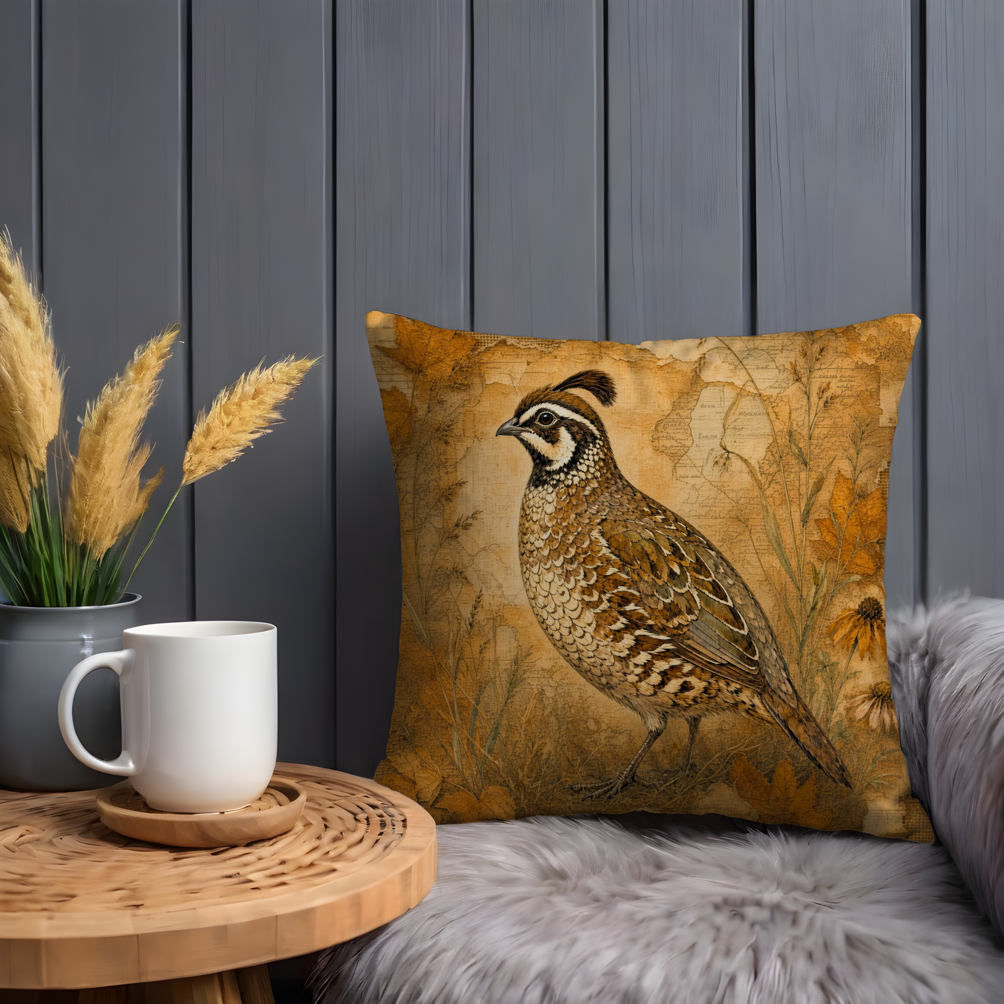 Crested Quail Autumn Map Vintage Pillow Cover | Classic Wildlife Art | Natural History Decor