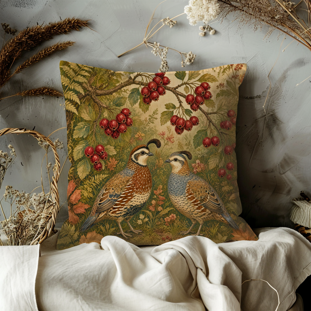 Pair of Crested Quails Red Berries Botanical Pillow Cover | Classic Wildlife Art | Natural History Decor
